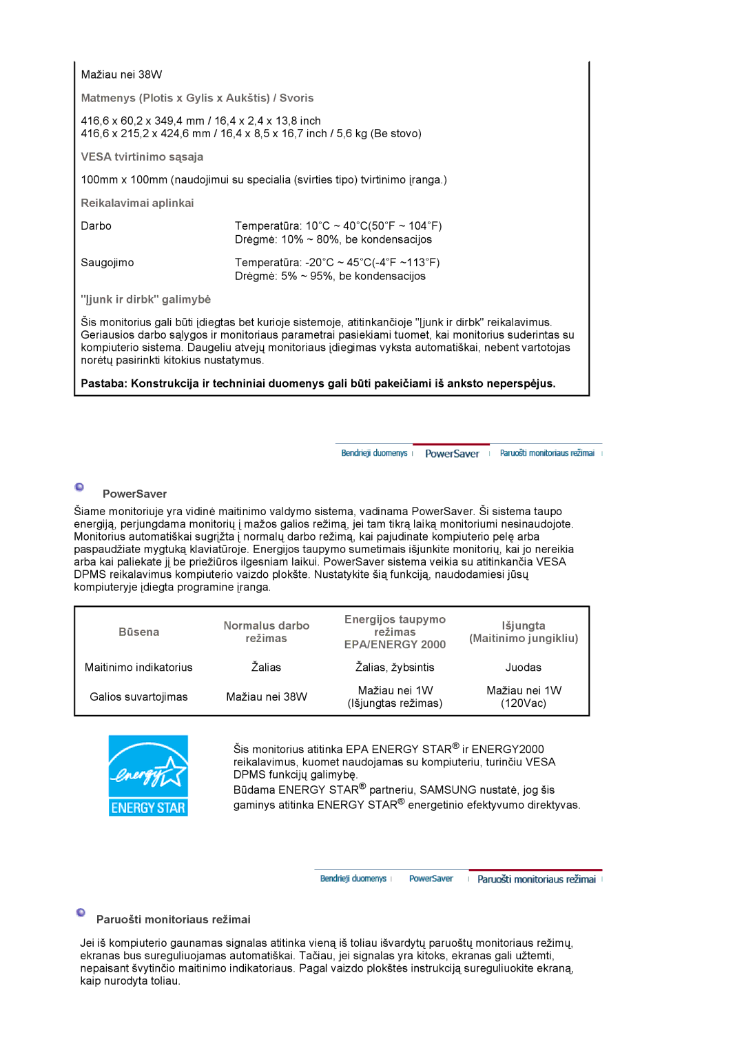 Samsung LS19MJQTSQ/EDC manual Matmenys Plotis x Gylis x Aukštis / Svoris, Vesa tvirtinimo sąsaja 