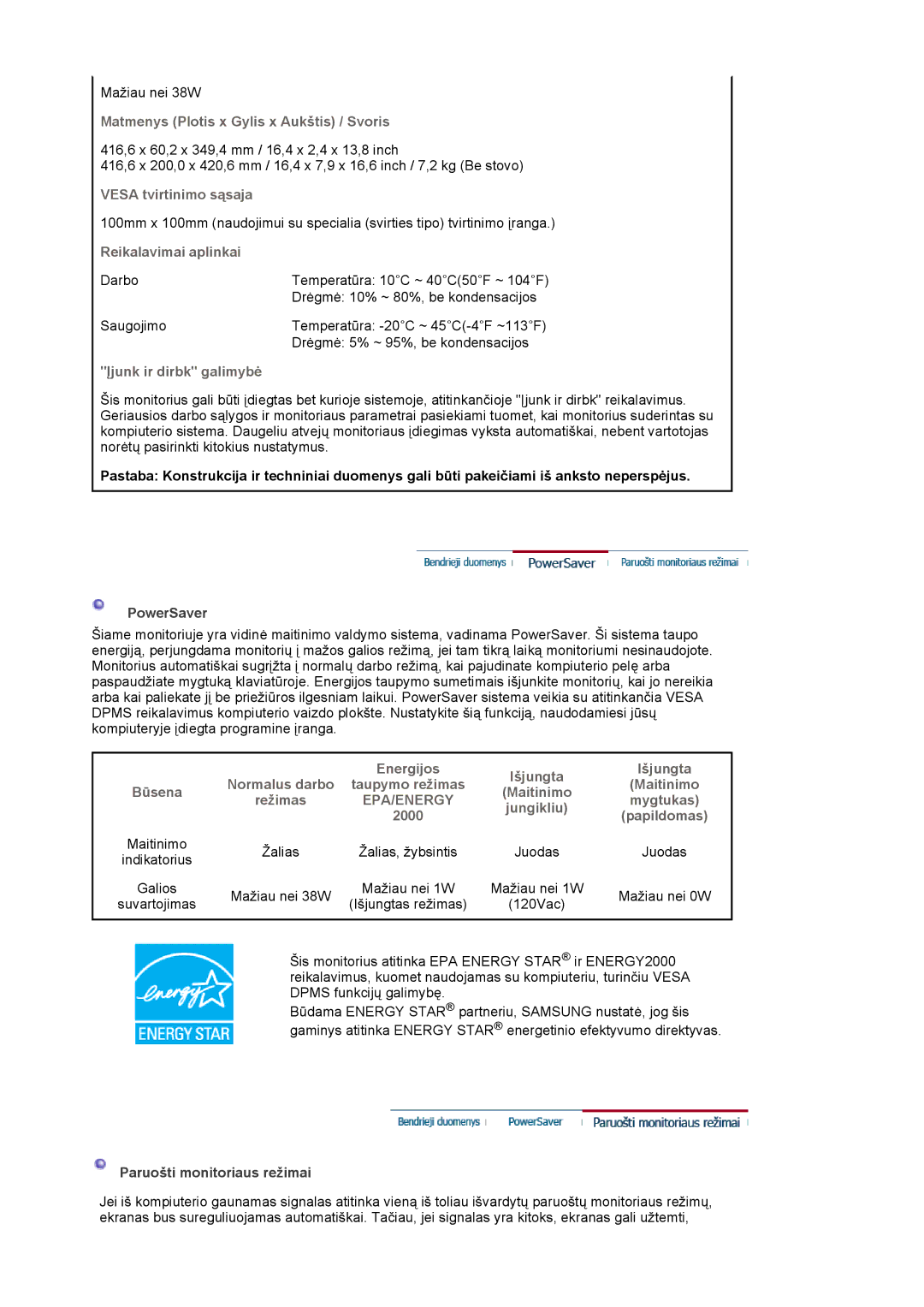 Samsung LS19MJQTSQ/EDC manual Mygtukas, Jungikliu, Papildomas, Mažiau nei 38W Mažiau nei 1W Mažiau nei 0W 