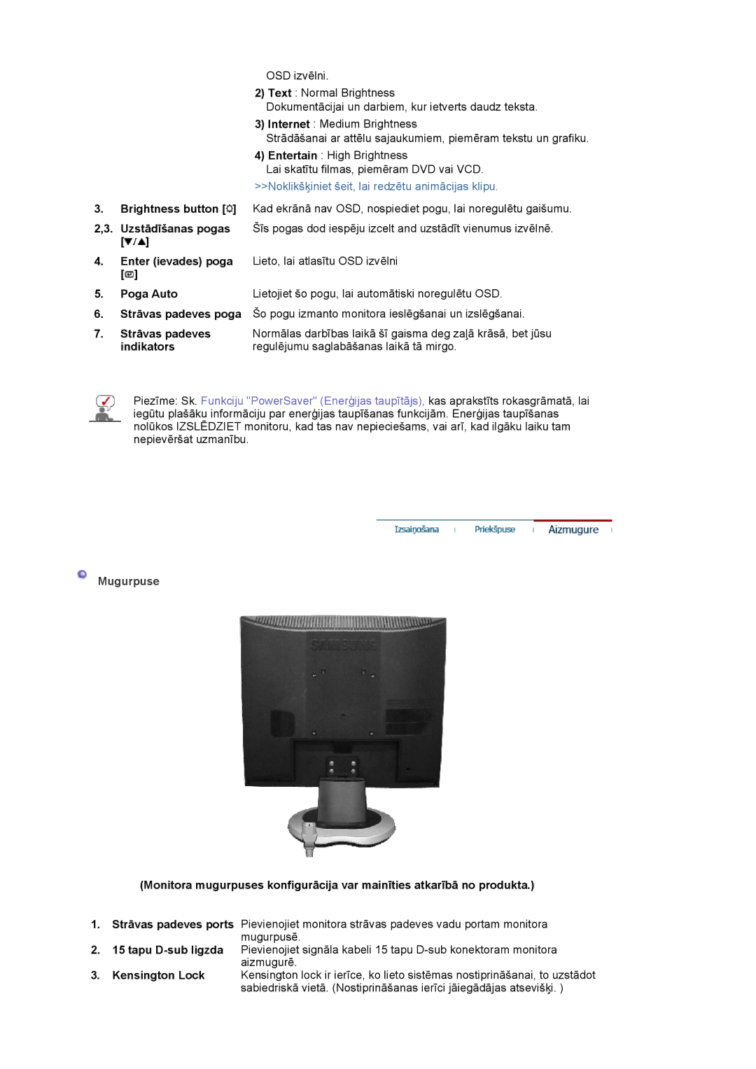 Samsung LS19MJQTSQ/EDC manual Poga Auto, Indikators, Mugurpuse 