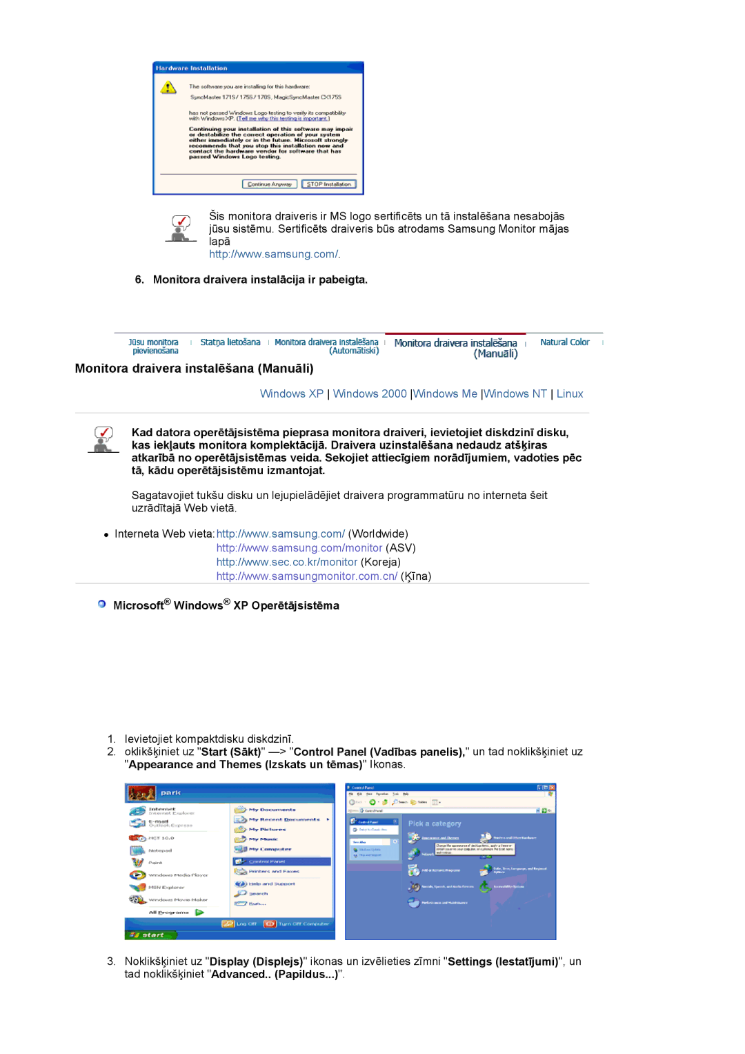 Samsung LS19MJQTSQ/EDC manual Monitora draivera instalācija ir pabeigta, Microsoft Windows XP Operētājsistēma 