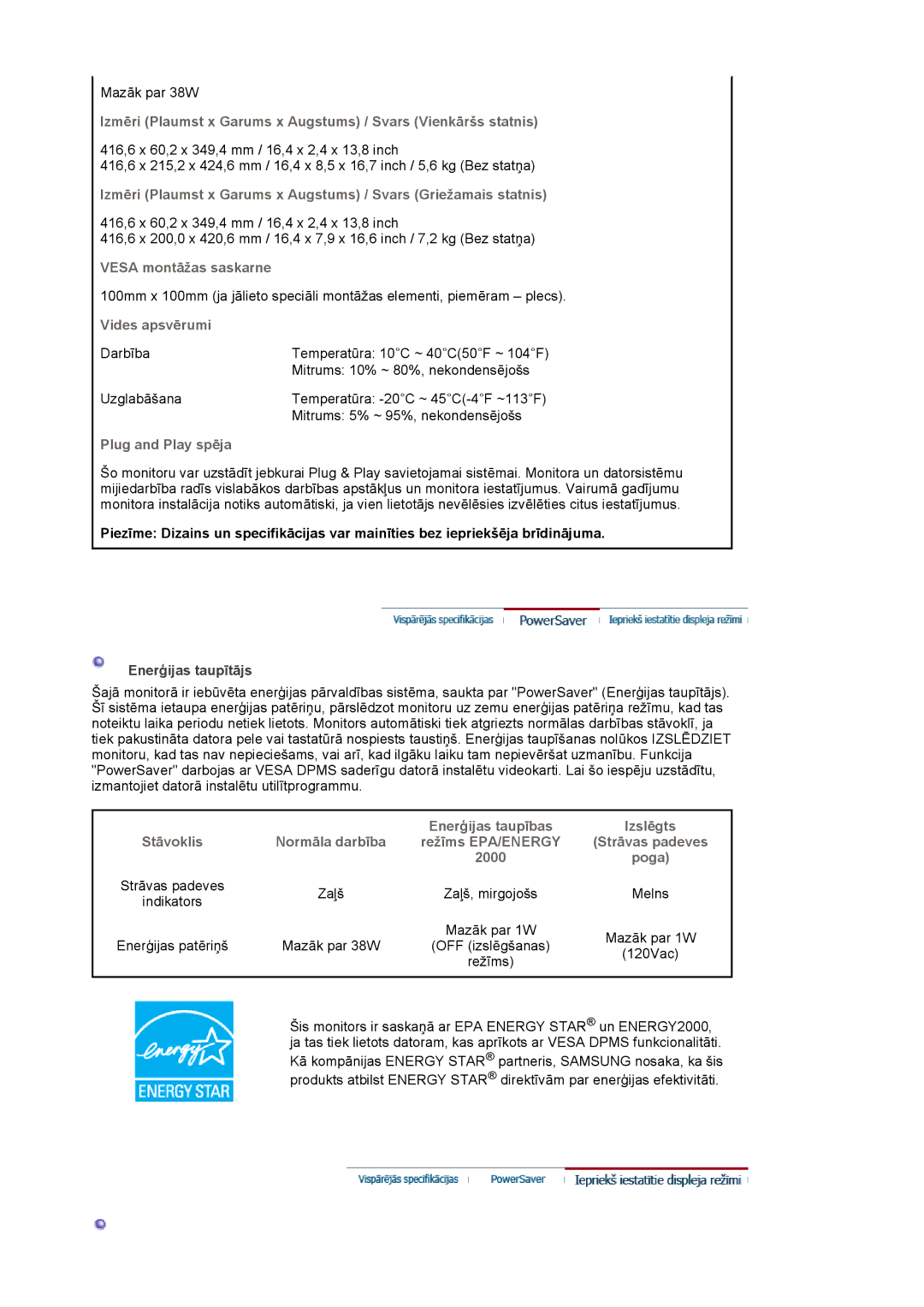 Samsung LS19MJQTSQ/EDC manual Vesa montāžas saskarne, Vides apsvērumi, Plug and Play spēja, Enerģijas taupītājs, Poga 