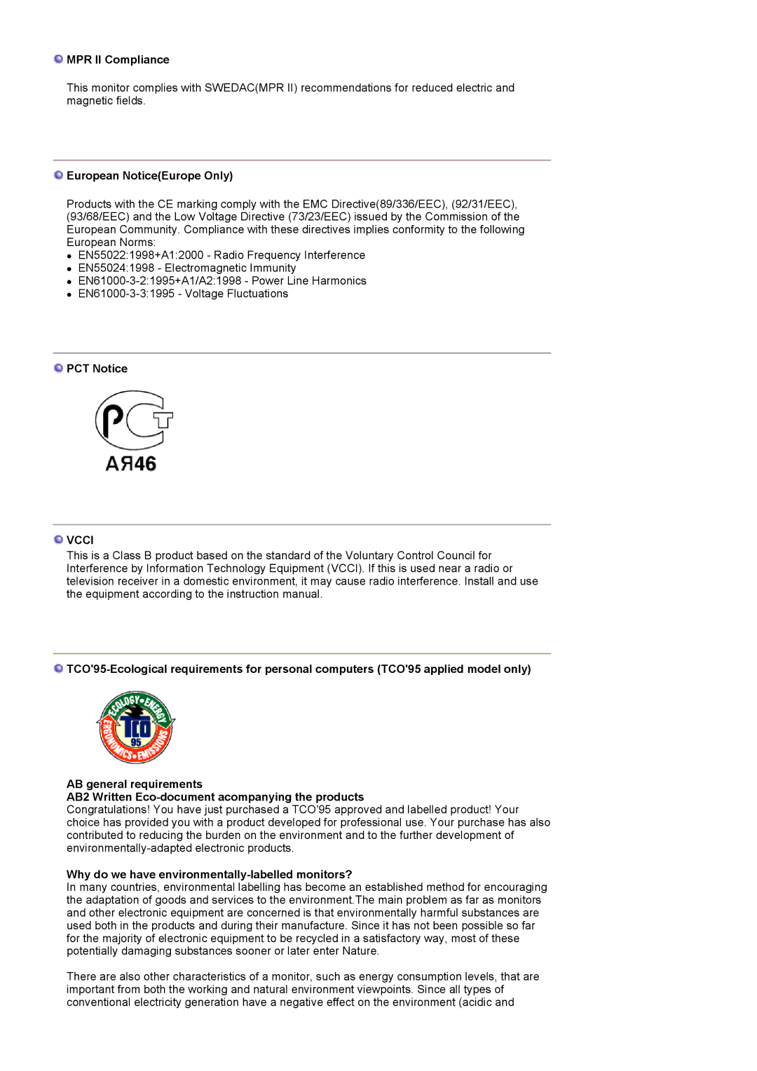 Samsung LS19MJQTSQ/EDC manual MPR II Compliance, European NoticeEurope Only, PCT Notice 