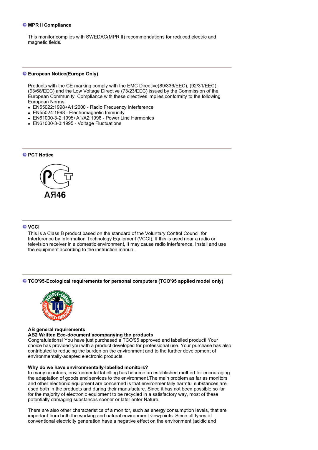 Samsung LS19MJQTSQ/EDC manual MPR II Compliance, European NoticeEurope Only, PCT Notice 