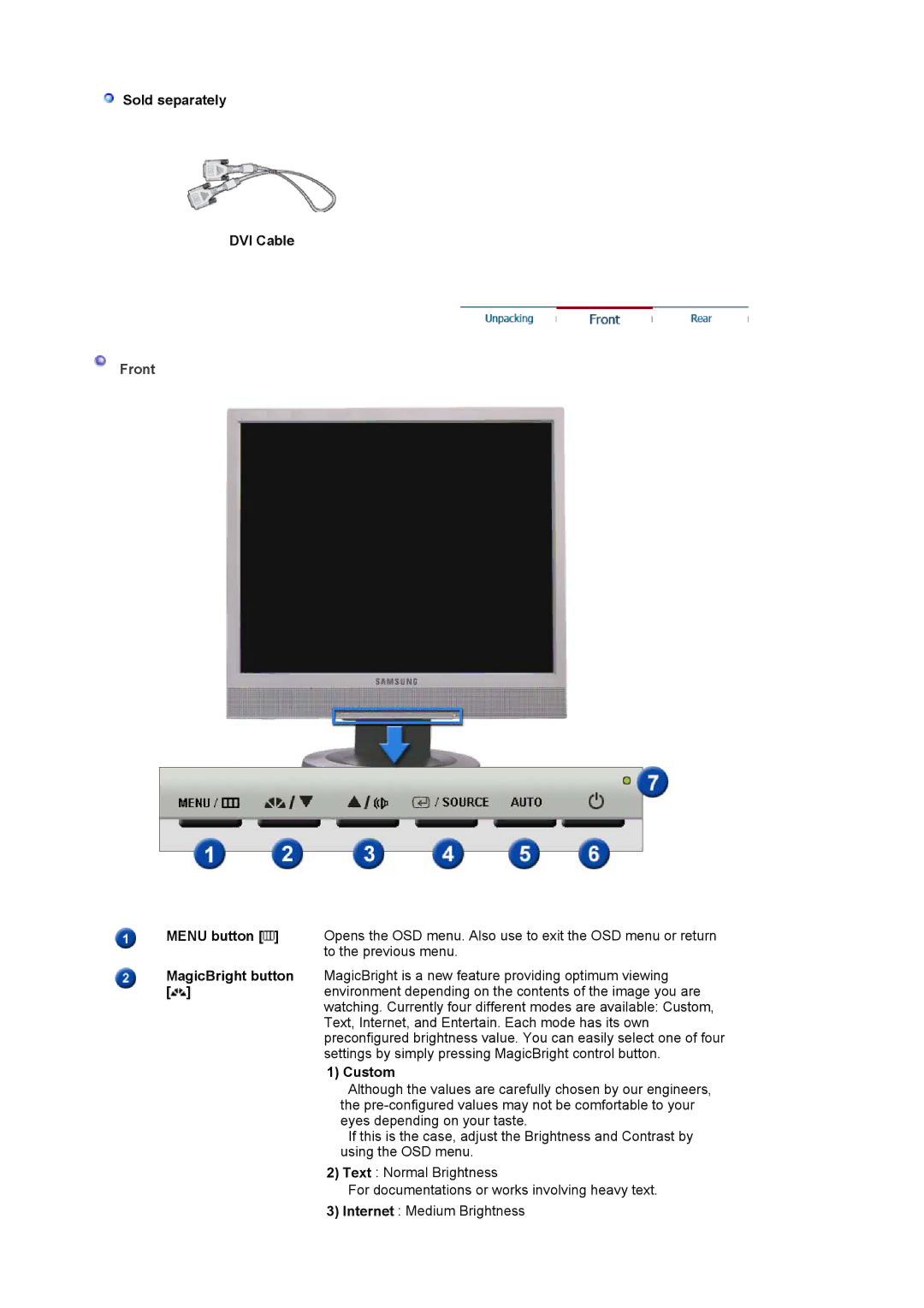 Samsung LS19MJSTSE/EDC manual Sold separately DVI Cable, Front, Custom 