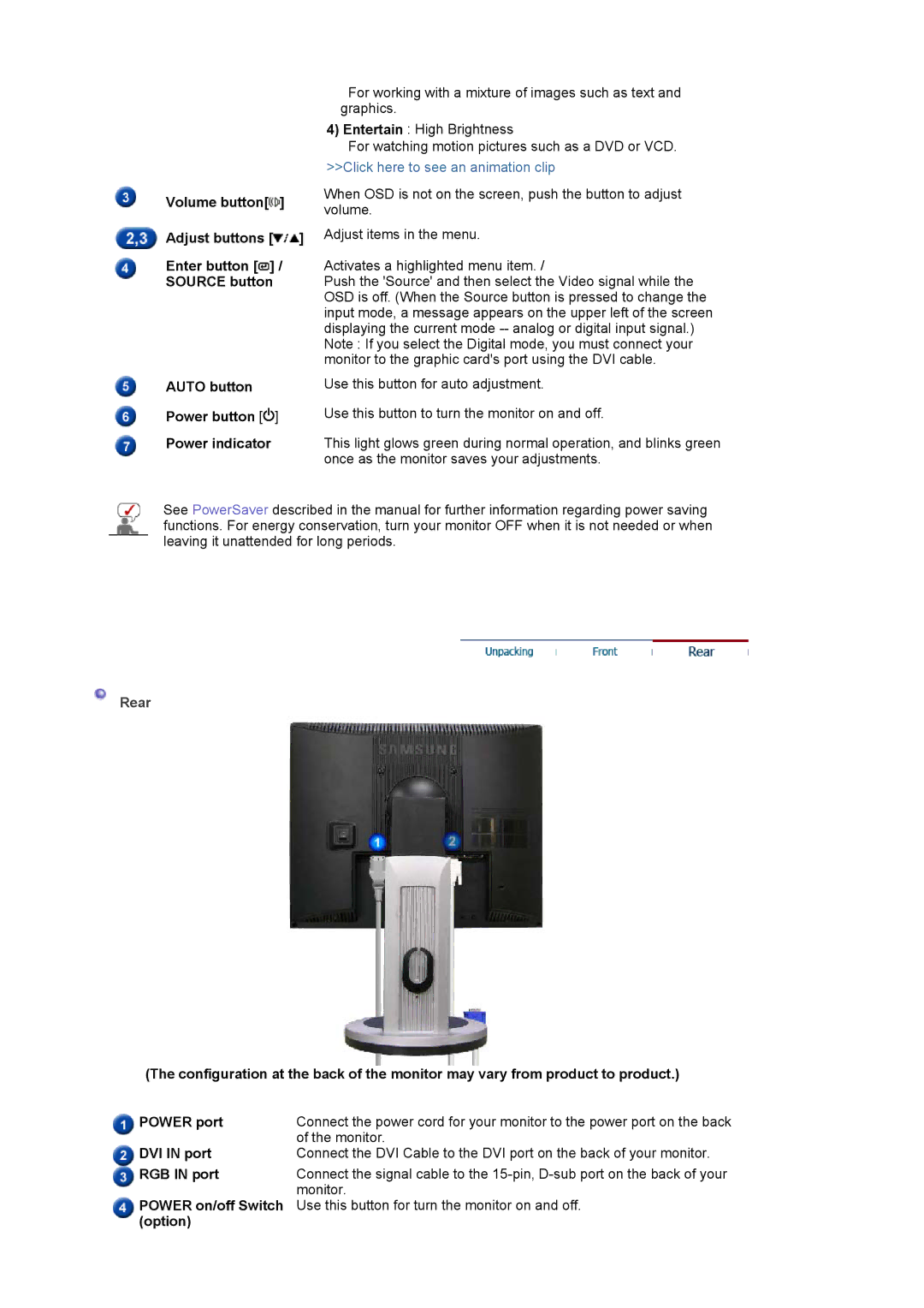 Samsung LS19MJSTSE/EDC manual Rear 