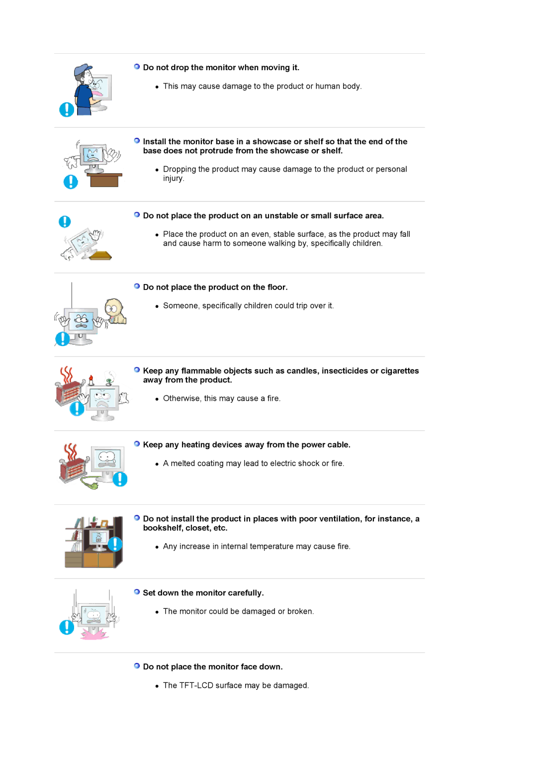 Samsung LS19MJSTSE/EDC manual Do not drop the monitor when moving it, Do not place the product on the floor 