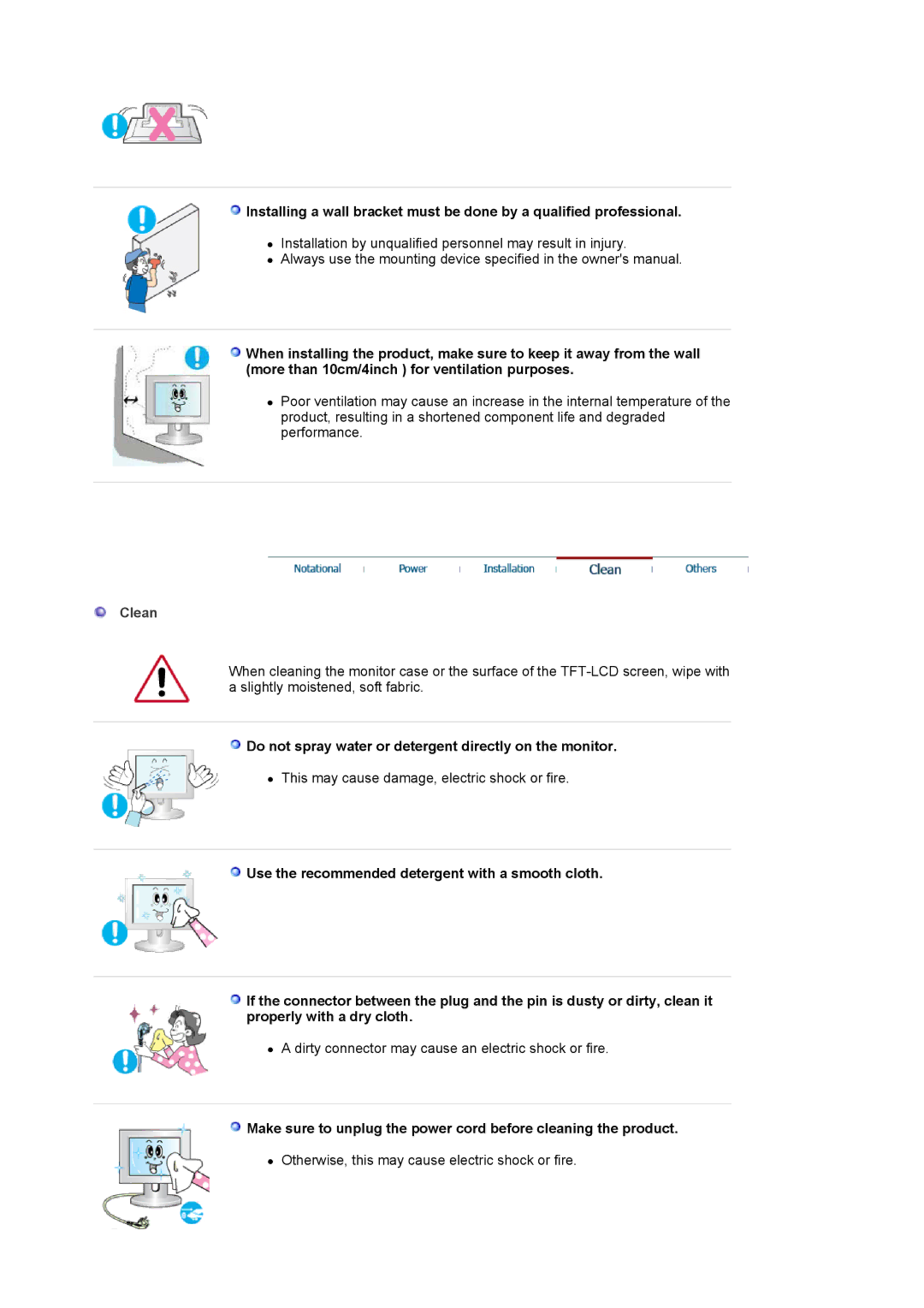 Samsung LS19MJSTSE/EDC manual Clean, Do not spray water or detergent directly on the monitor 