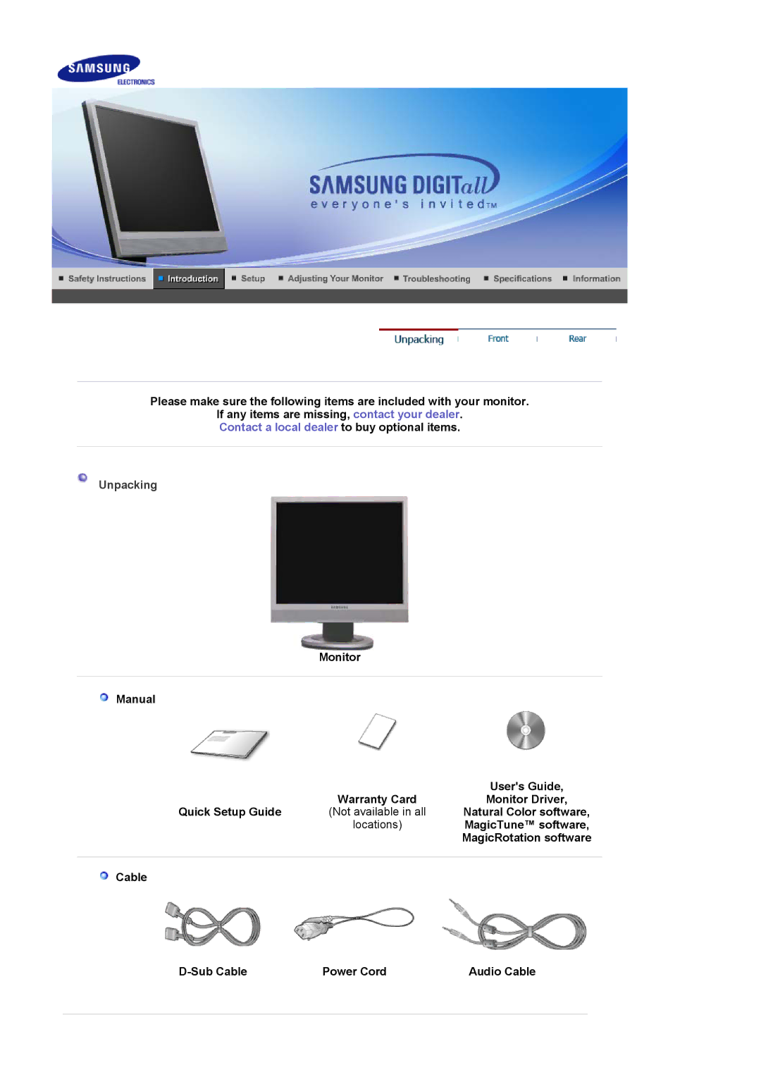 Samsung LS19MJSTSE/EDC Unpacking, Natural Color software, MagicRotation software, Cable Sub Cable Power Cord Audio Cable 