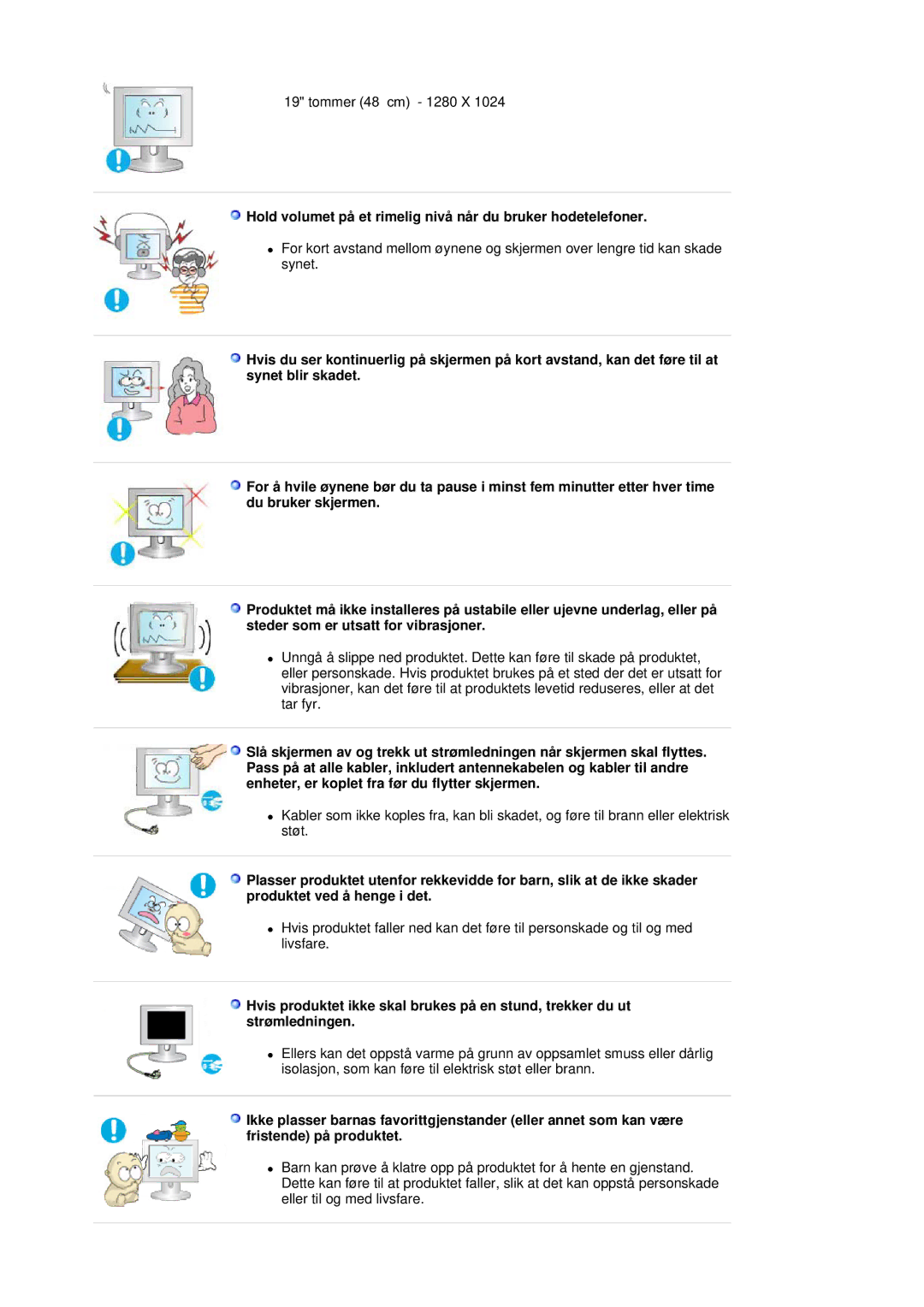 Samsung LS19MJSTSE/EDC manual Hold volumet på et rimelig nivå når du bruker hodetelefoner 