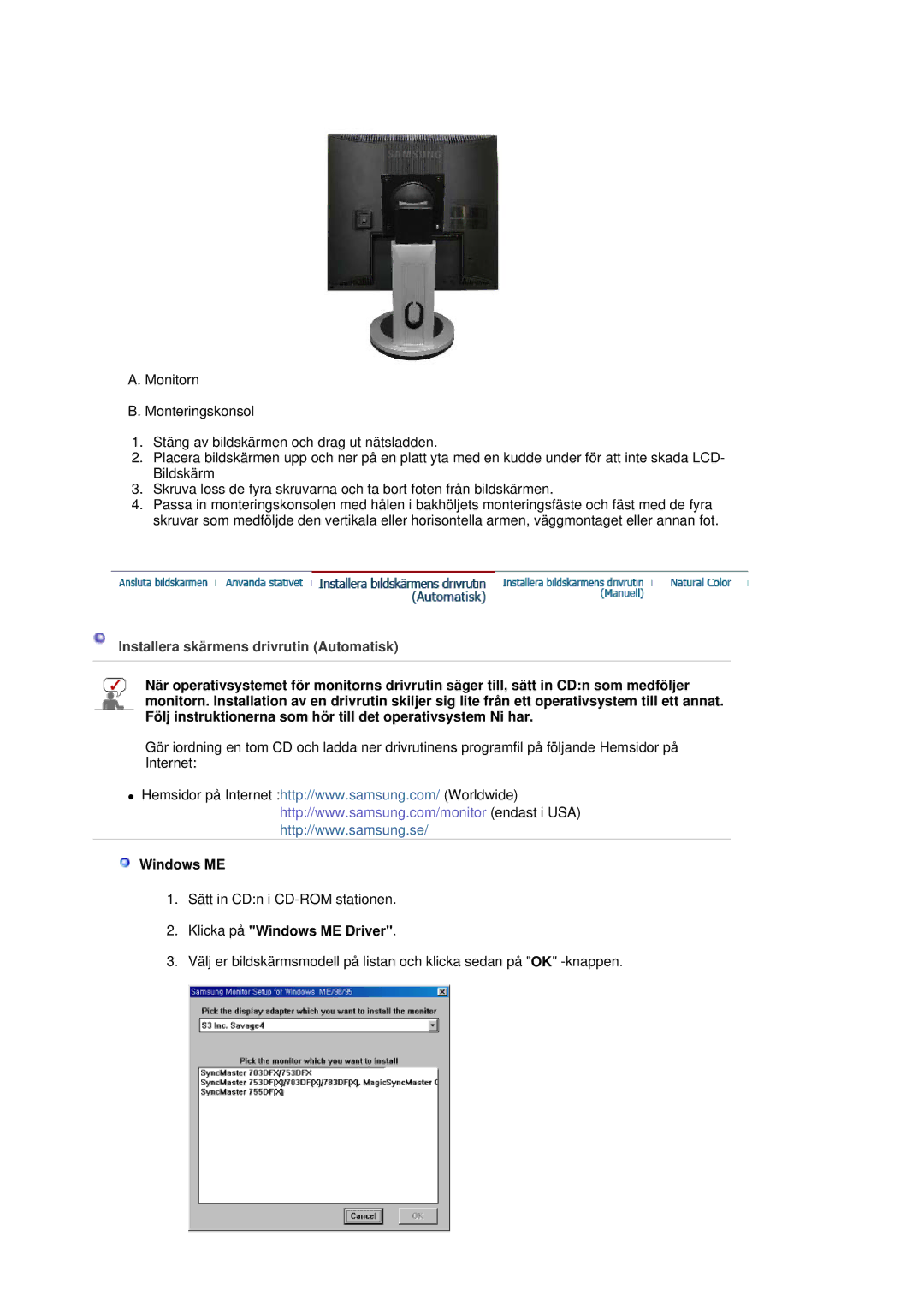 Samsung LS19MJSTSE/EDC manual Installera skärmens drivrutin Automatisk, Klicka på Windows ME Driver 