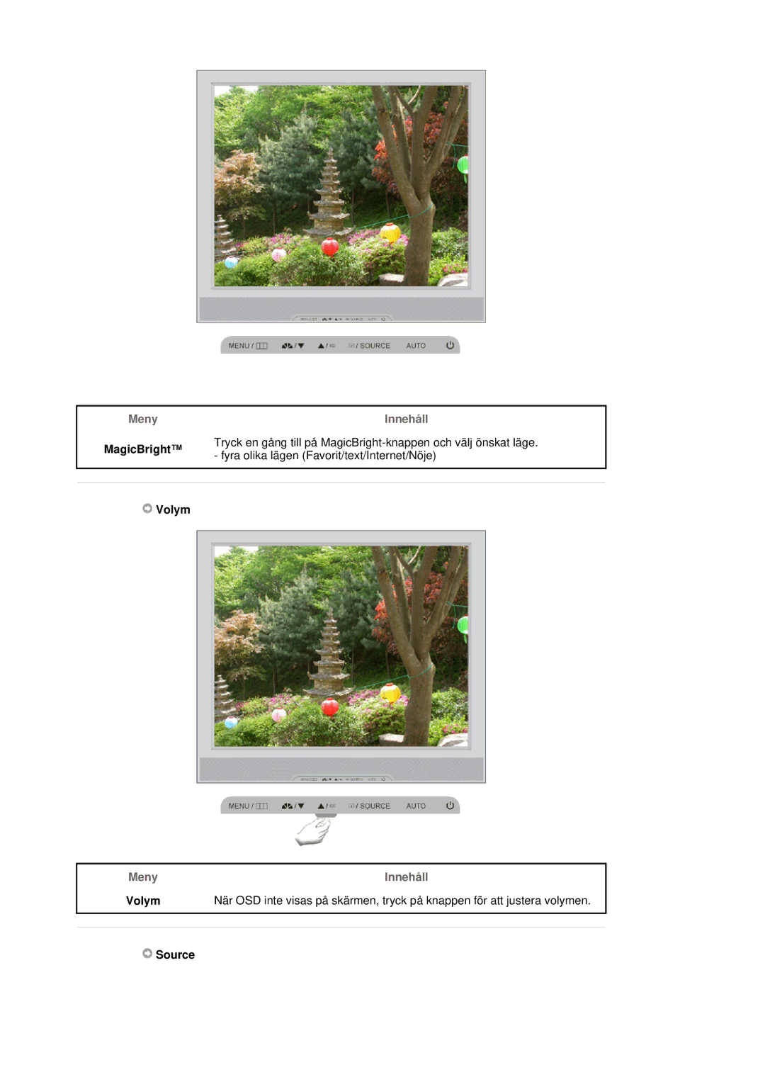 Samsung LS19MJSTSE/EDC manual Meny Innehåll, Volym 