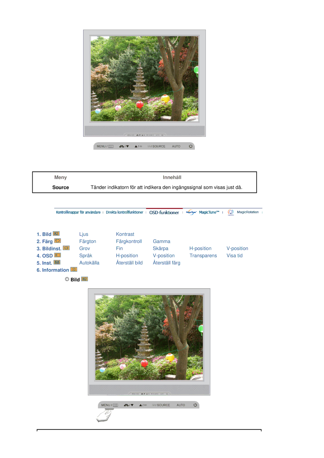 Samsung LS19MJSTSE/EDC manual Meny Innehåll Source, Bild 