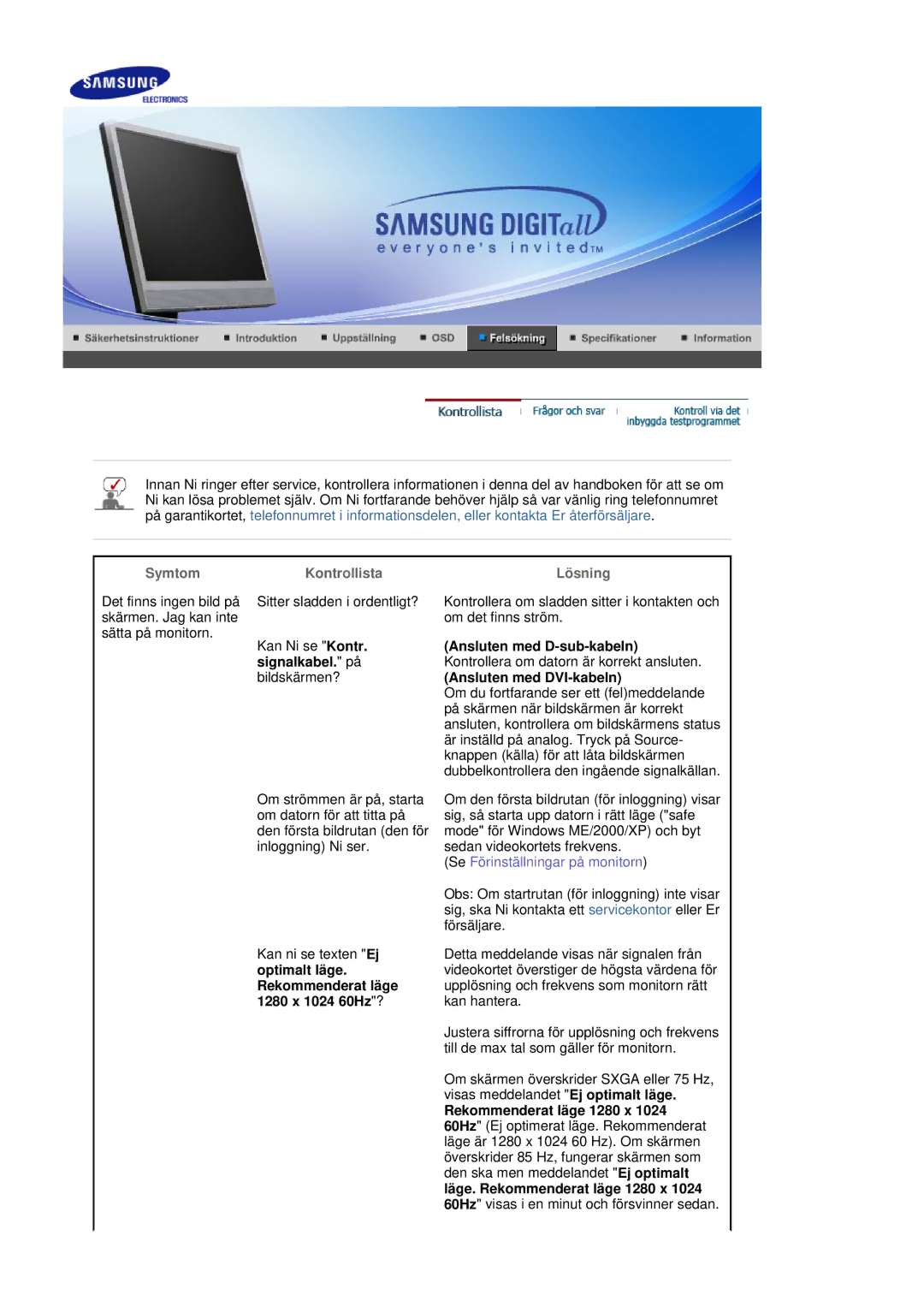 Samsung LS19MJSTSE/EDC manual Symtom, Kontrollista, Lösning, Optimalt läge. Rekommenderat läge 1280 x 1024 60Hz? 