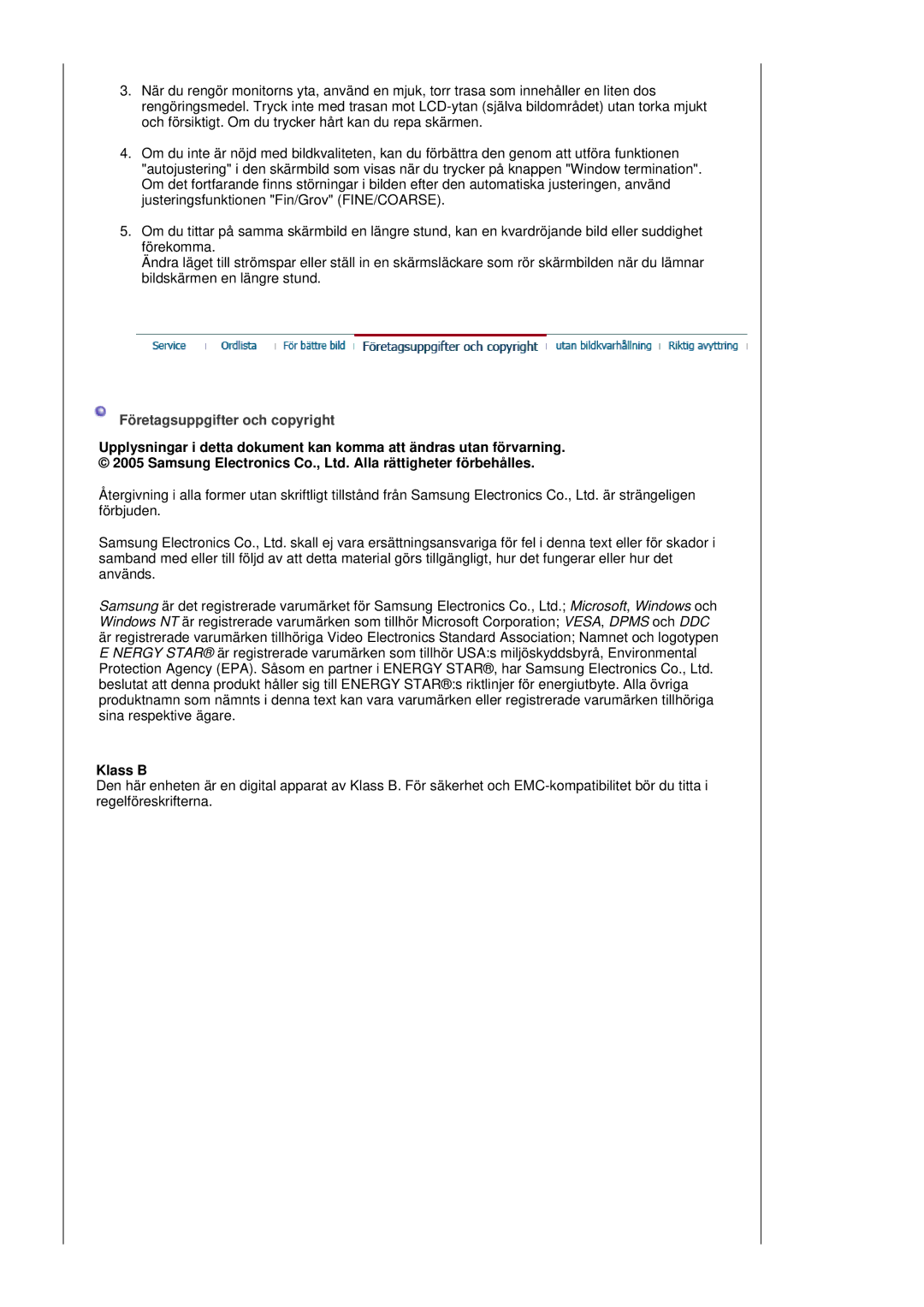 Samsung LS19MJSTSE/EDC manual Företagsuppgifter och copyright, Klass B 