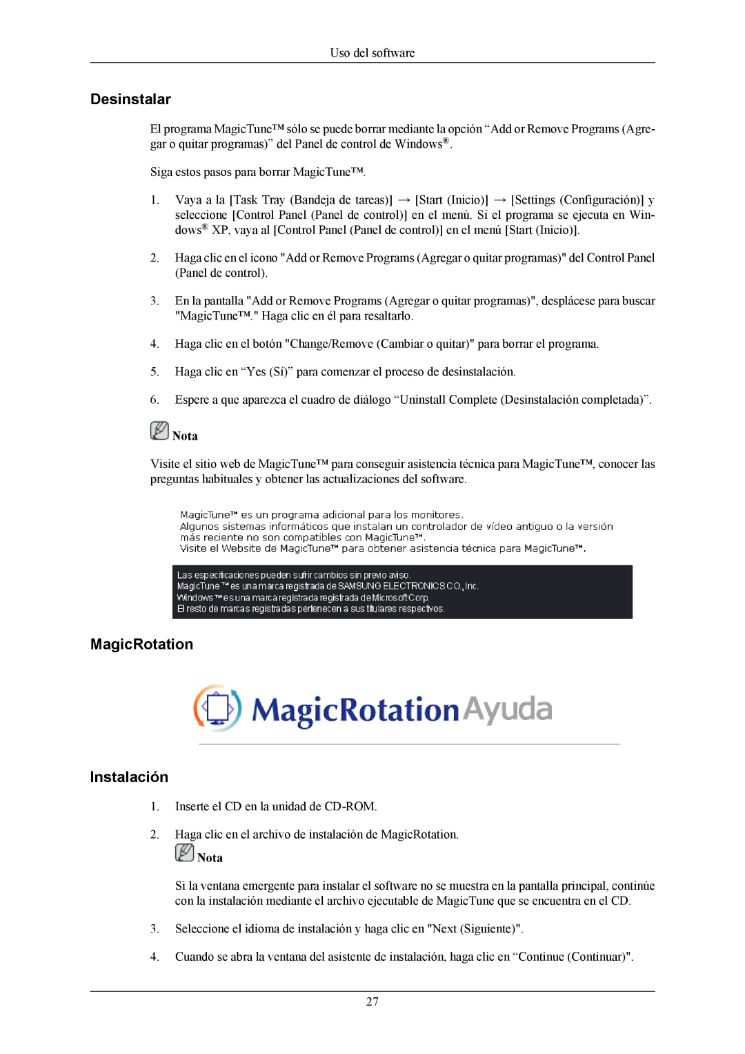 Samsung LS19MYAKBBA/EN, LS19MYAESB/EDC, LS19MYAESBA/EN, LS19MYAKBB/EDC, LS17MYAKBNA/EN Desinstalar, MagicRotation Instalación 