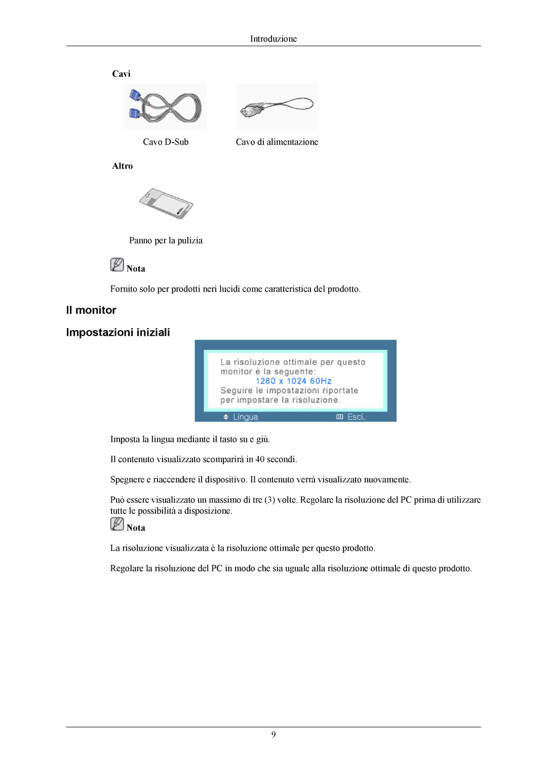 Samsung LS19MYAKB/EDC, LS19MYAESB/EDC, LS19MYAKBBA/EN, LS19MYAKBB/EDC manual Il monitor Impostazioni iniziali, Cavi, Altro 