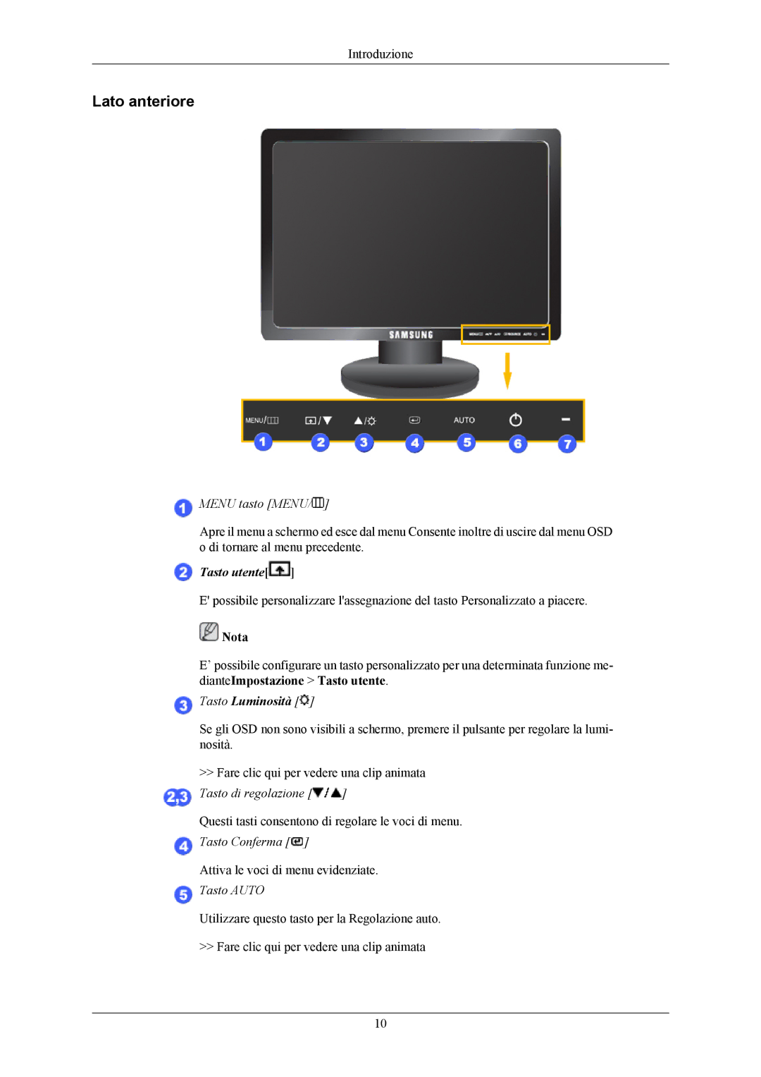 Samsung LS17MYAKF/CLT, LS19MYAESB/EDC, LS19MYAKBBA/EN, LS19MYAKBB/EDC, LS17MYAKBNA/EN manual Lato anteriore, Menu tasto Menu 