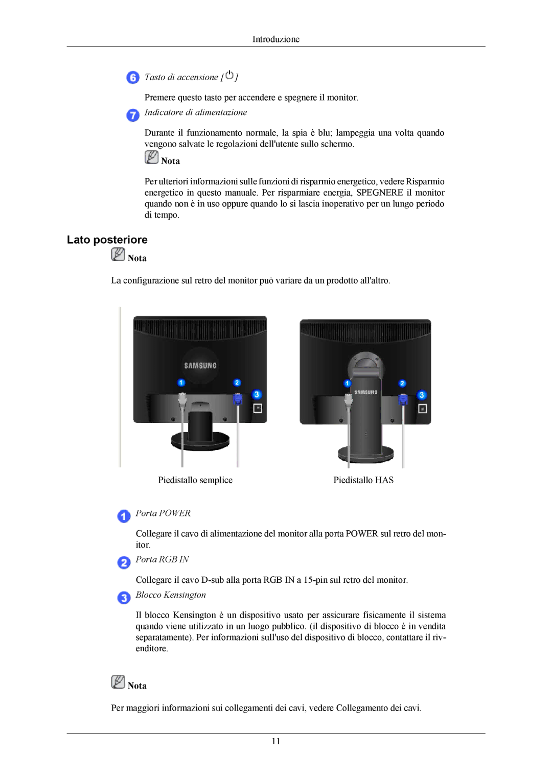 Samsung LS19MYAESB/EDC, LS19MYAKBBA/EN, LS19MYAKBB/EDC, LS17MYAKBNA/EN manual Lato posteriore, Indicatore di alimentazione 