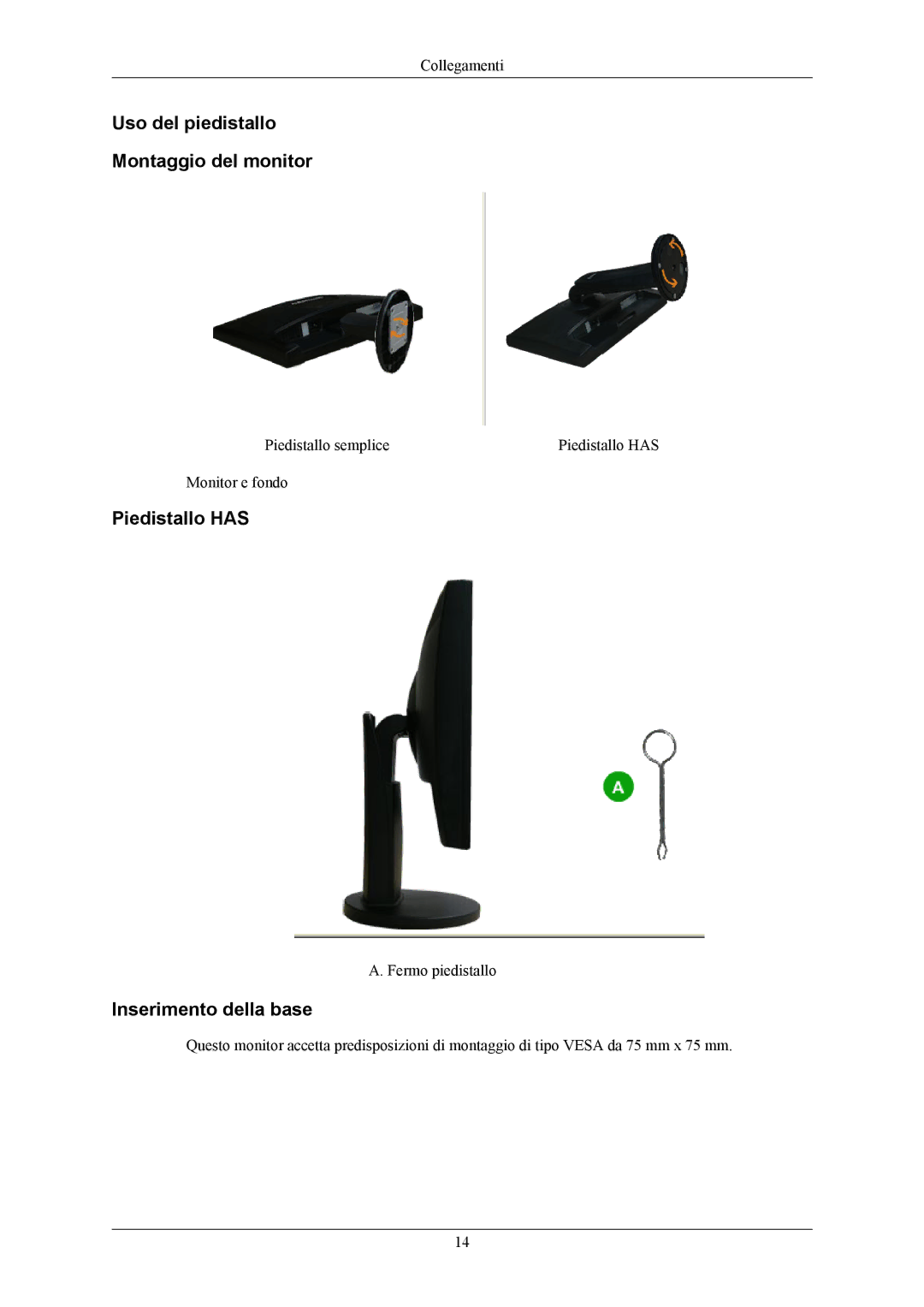 Samsung LS17MYAKBNA/EN, LS19MYAESB/EDC Uso del piedistallo Montaggio del monitor, Piedistallo has, Inserimento della base 