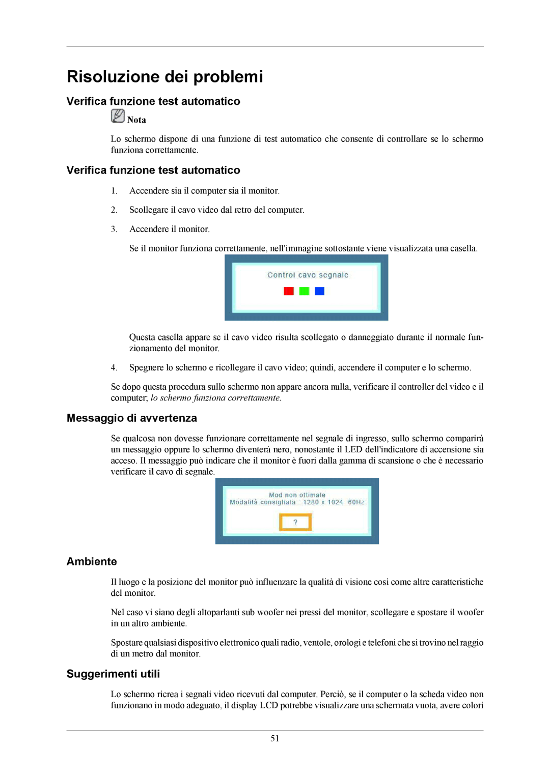 Samsung LS17MYAEB/EDC manual Risoluzione dei problemi, Verifica funzione test automatico, Messaggio di avvertenza, Ambiente 