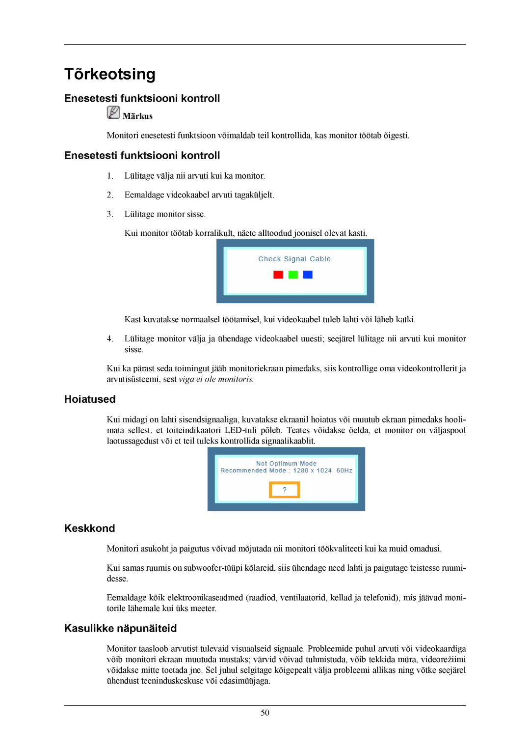 Samsung LS19MYAEBB/EDC manual Tõrkeotsing, Enesetesti funktsiooni kontroll, Hoiatused, Keskkond, Kasulikke näpunäiteid 