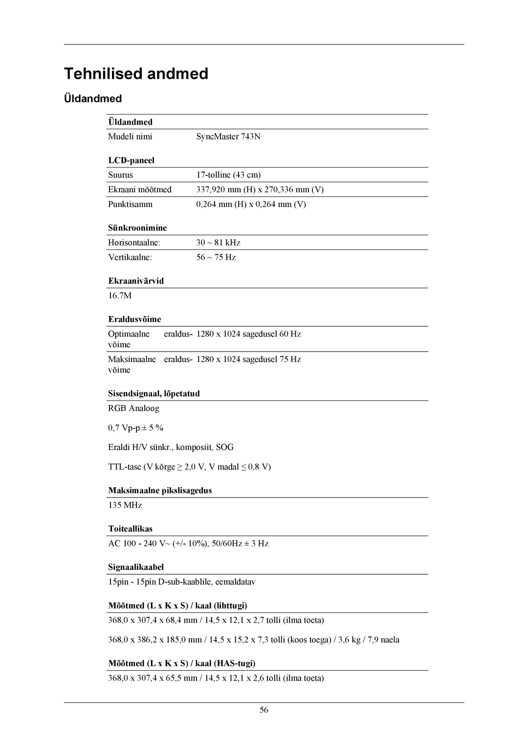 Samsung LS19MYAEBB/EDC, LS19MYAESB/EDC, LS19MYAKBBA/EN, LS19MYAKBB/EDC, LS19MYAKSB/EDC manual Tehnilised andmed, Üldandmed 