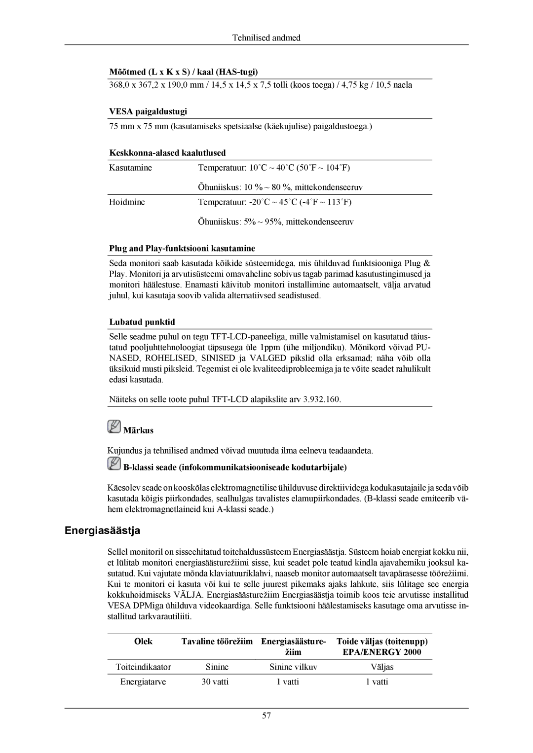 Samsung LS19MYAKSB/EDC, LS19MYAESB/EDC, LS19MYAKBBA/EN, LS19MYAKBB/EDC, LS19MYAEBB/EDC, LS17MYAKS/EDC manual Energiasäästja 