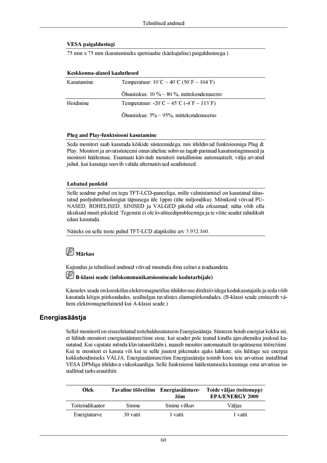 Samsung LS19MYAKBBA/EN, LS19MYAESB/EDC, LS19MYAKBB/EDC, LS19MYAEBB/EDC, LS19MYAKSB/EDC, LS17MYAKS/EDC manual Energiasäästja 