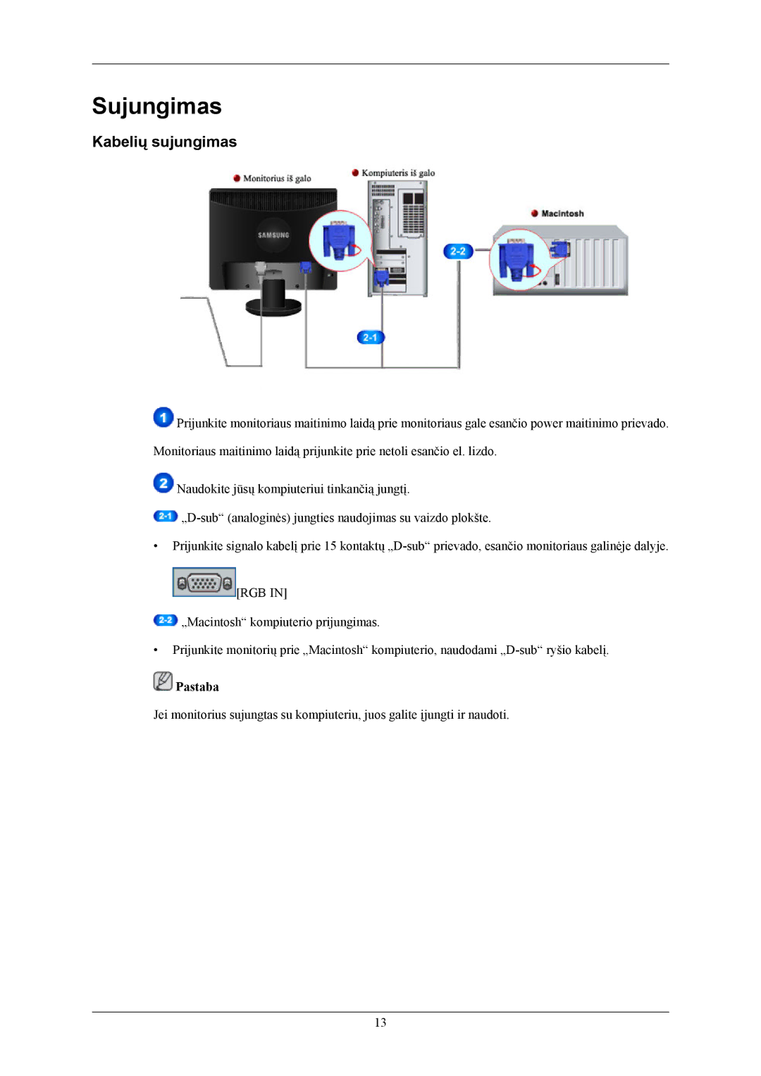 Samsung LS19MYAKBB/EDC, LS19MYAESB/EDC, LS19MYAKBBA/EN, LS19MYAEBB/EDC, LS19MYAKSB/EDC manual Sujungimas, Kabelių sujungimas 