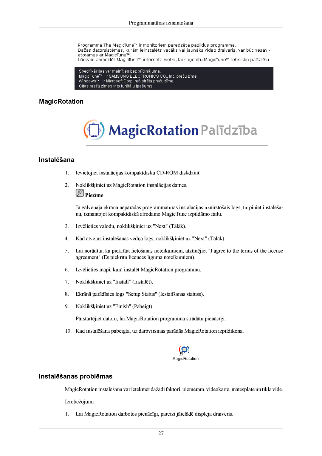 Samsung LS19MYAKSB/EDC, LS19MYAESB/EDC, LS19MYAKBBA/EN, LS19MYAKBB/EDC, LS19MYAEBB/EDC manual MagicRotation Instalēšana 