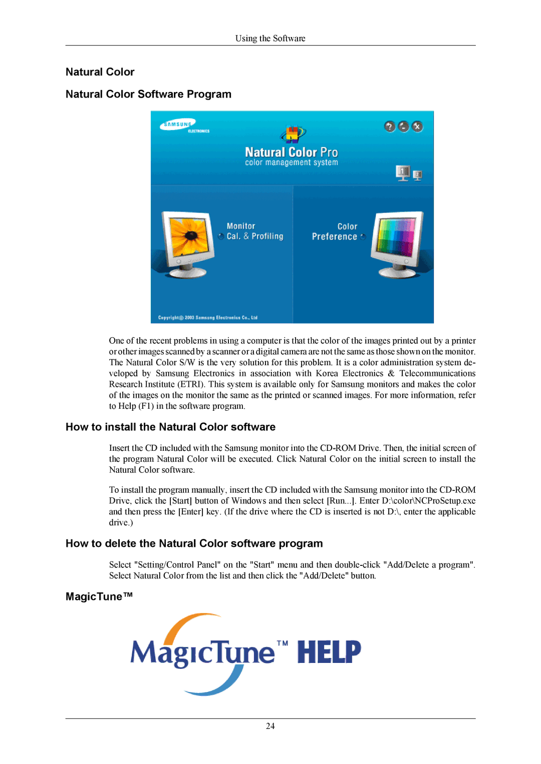 Samsung LS19MYAESB/EDC Natural Color Natural Color Software Program, How to install the Natural Color software, MagicTune 