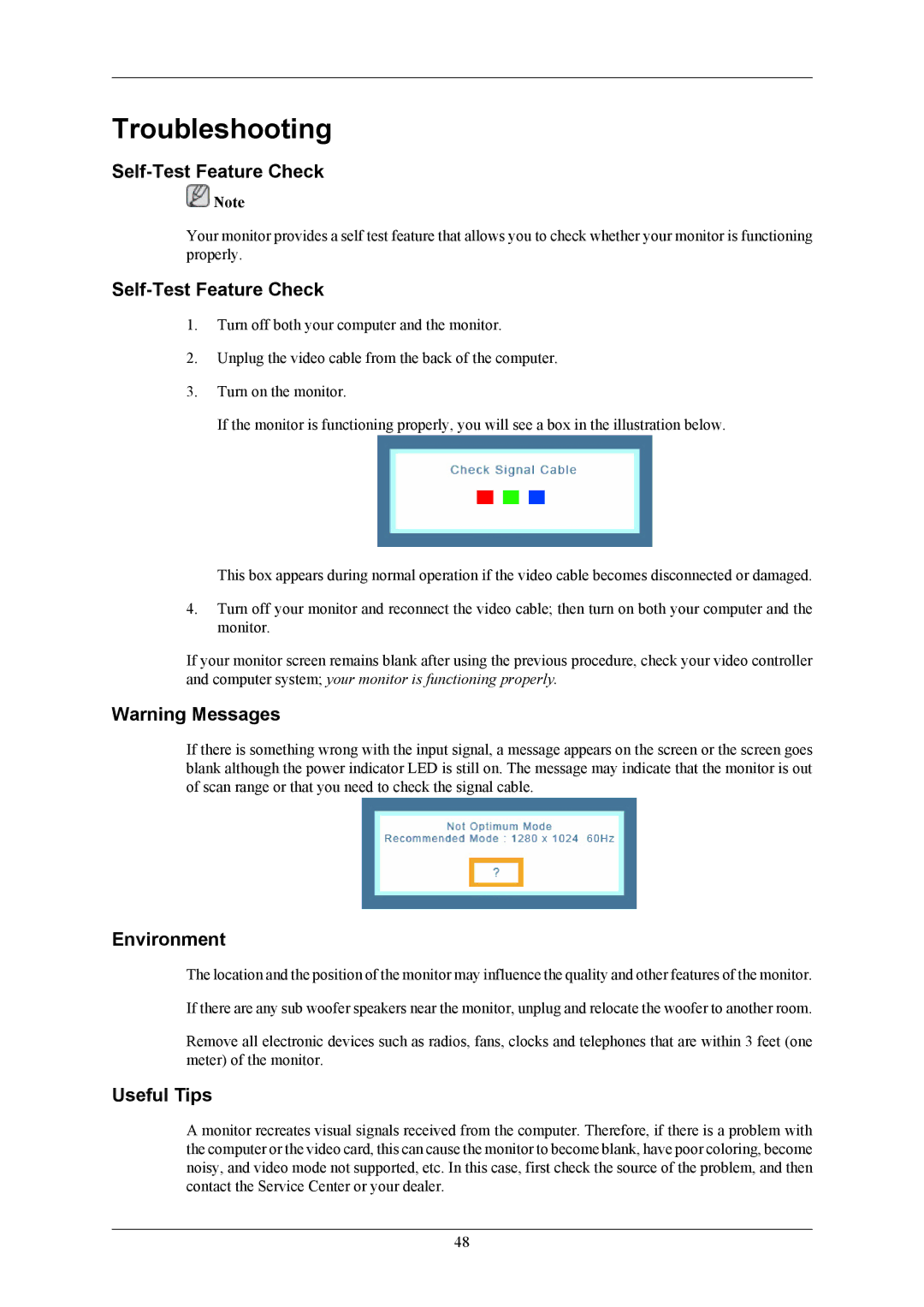 Samsung LS17MYAES/EDC, LS19MYAESB/EDC, LS19MYAKSBA/EN Troubleshooting, Self-Test Feature Check, Environment, Useful Tips 