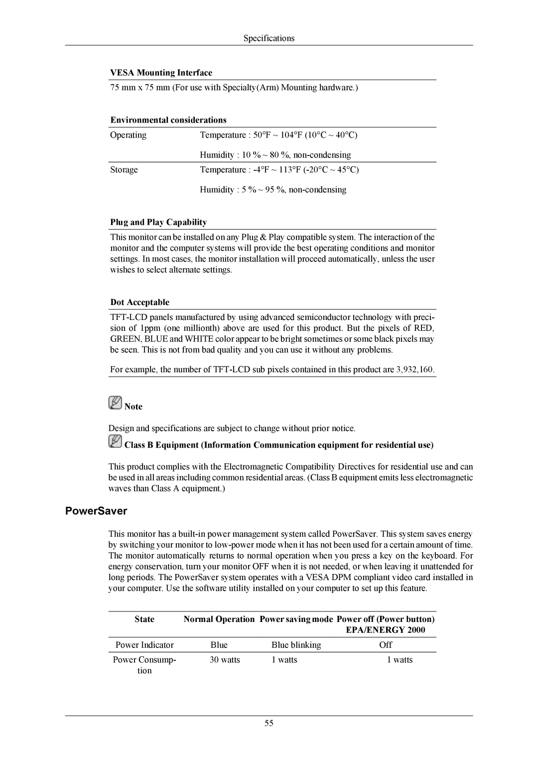 Samsung LS17MYAEB/EDC manual PowerSaver, Vesa Mounting Interface, Environmental considerations, Plug and Play Capability 