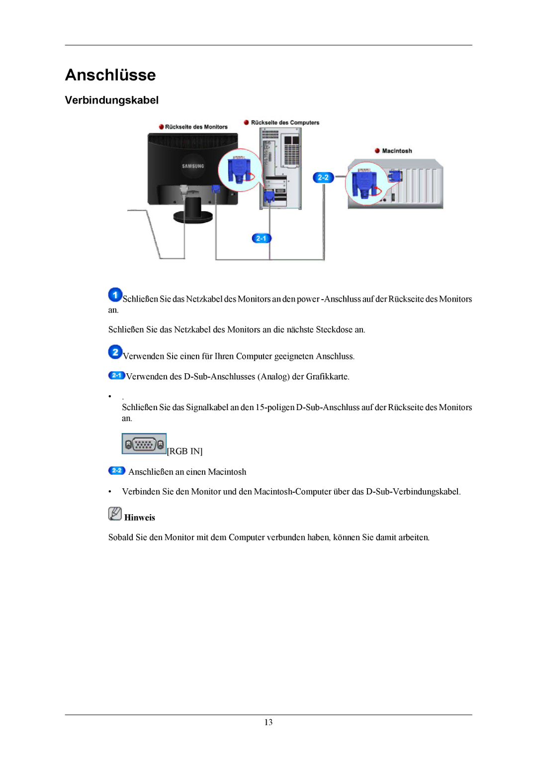 Samsung LS19MYAKSB/EDC, LS19MYAESB/EDC, LS19MYAKSBA/EN, LS19MYAESBA/EN, LS19MYAKBB/EDC manual Anschlüsse, Verbindungskabel 