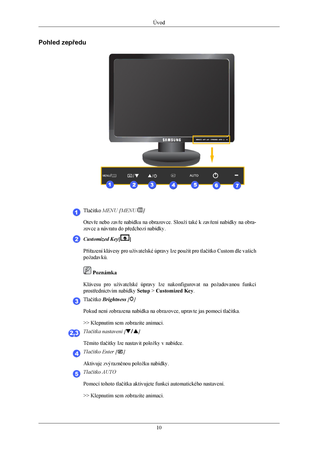 Samsung LS19MYAKBB/EDC, LS19MYAESB/EDC, LS19MYAKSBA/EN, LS19MYAKBBA/EN, LS19MYAKBBAUEN Pohled zepředu, Tlačítko Menu Menu 