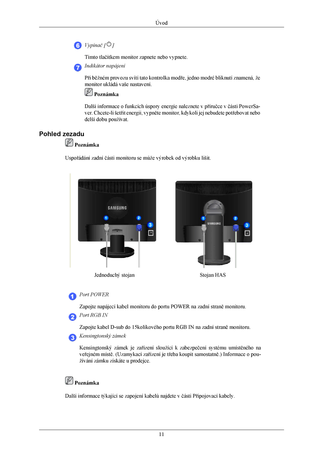 Samsung LS19MYAKBBAUEN, LS19MYAESB/EDC, LS19MYAKSBA/EN, LS19MYAKBBA/EN, LS19MYAKBB/EDC manual Pohled zezadu, Indikátor napájení 