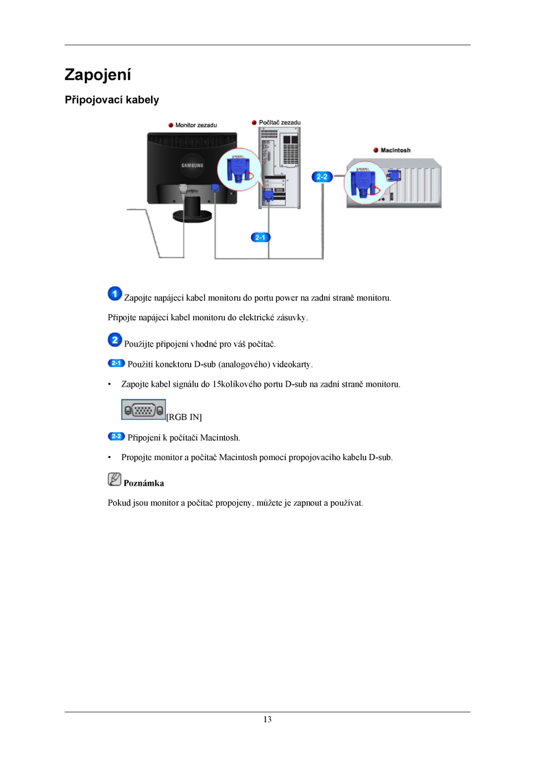 Samsung LS19MYAKSB/EDC, LS19MYAESB/EDC, LS19MYAKSBA/EN, LS19MYAKBBA/EN, LS19MYAKBB/EDC manual Zapojení, Připojovací kabely 