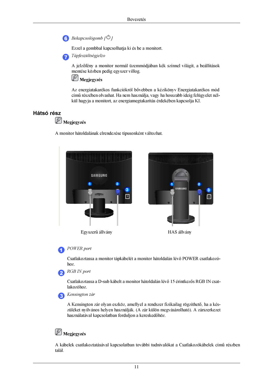 Samsung LS19MYAKBD/EDC, LS19MYAESB/EDC, LS19MYAKSBA/EN, LS19MYAKBBA/EN, LS19MYAKBB/EDC manual Hátsó rész, Tápfeszültségjelzo 