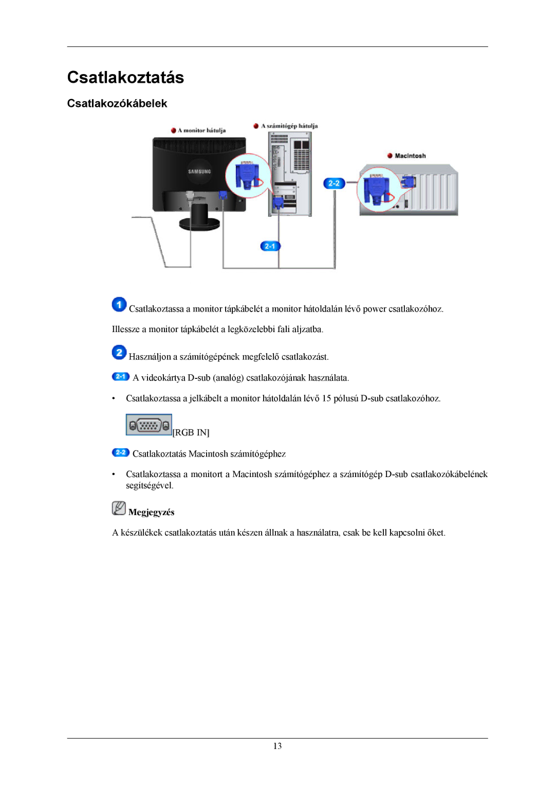 Samsung LS19MYAKSBA/EN, LS19MYAESB/EDC, LS19MYAKBBA/EN, LS19MYAKBB/EDC, LS17MYAKBNA/EN manual Csatlakoztatás, Csatlakozókábelek 