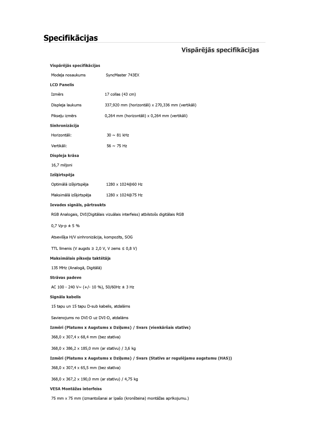 Samsung LS24CMKKFV/EN, LS19MYAESB/EDC, LS19MYNKSB/EDC, LS17MYBESQ/EDC, LS19MYKEBQ/EDC manual Modeļa nosaukums SyncMaster 743EX 