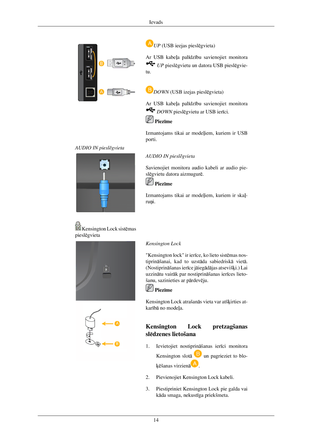 Samsung LS24CMKKFV/EN, LS19MYAESB/EDC, LS19MYNKSB/EDC, LS17MYBESQ/EDC manual Kensington Lock pretzagšanas slēdzenes lietošana 