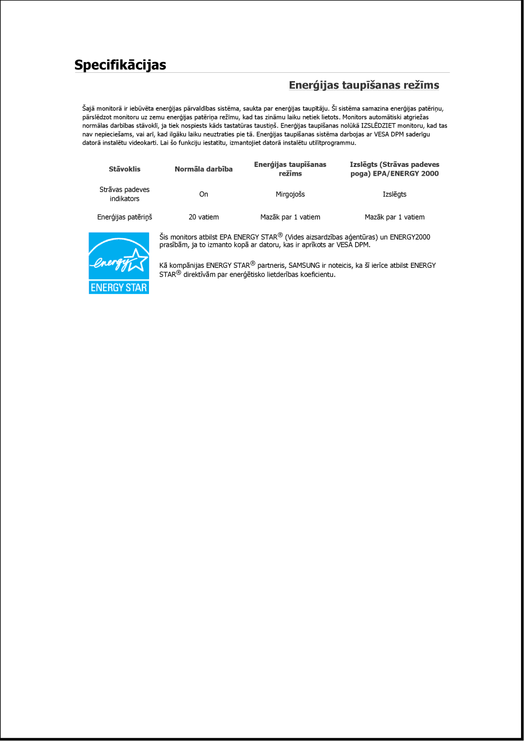 Samsung LS17MYAKS/EDC, LS19MYAESB/EDC, LS19MYNKSB/EDC, LS17MYBESQ/EDC, LS19MYKEBQ/EDC manual Enerģijas taupīšanas režīms 