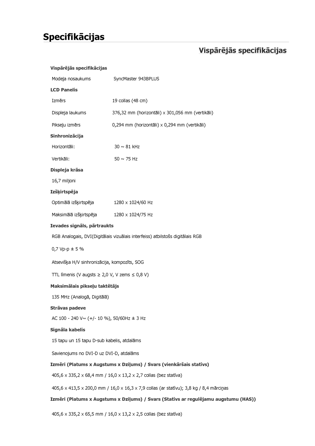 Samsung LS19CMYKFNA/EN, LS19MYAESB/EDC, LS19MYNKSB/EDC, LS17MYBESQ/EDC, LS19MYKEBQ/EDC Modeļa nosaukums SyncMaster 943BPLUS 