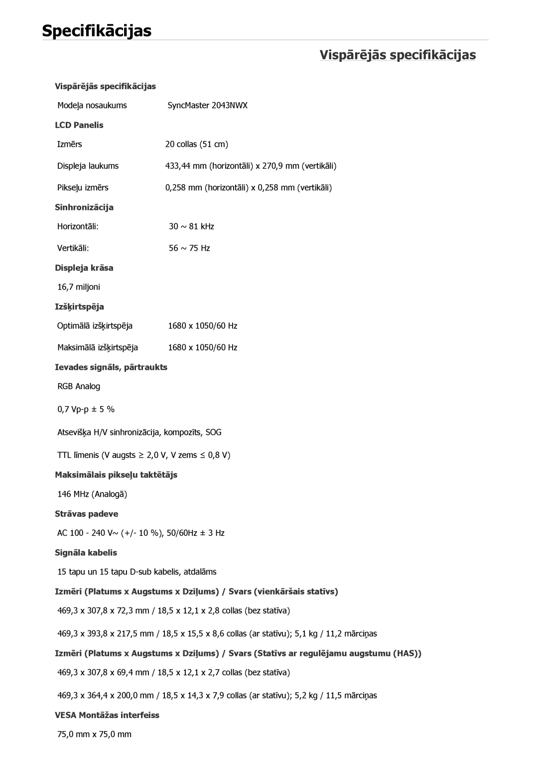 Samsung LS22MYNKSB/EDC, LS19MYAESB/EDC, LS19MYNKSB/EDC, LS17MYBESQ/EDC, LS19MYKEBQ/EDC Modeļa nosaukums SyncMaster 2043NWX 