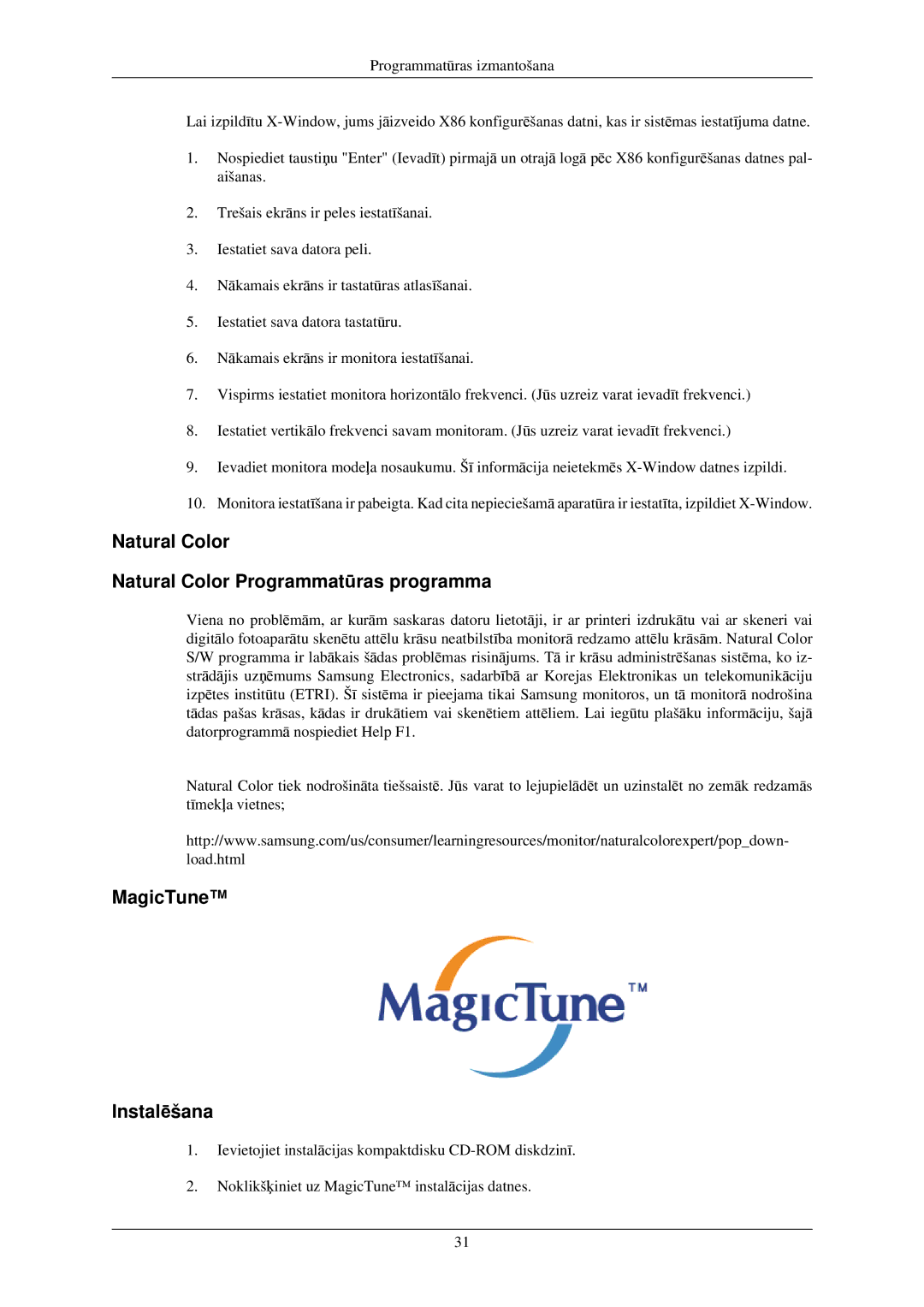 Samsung LS23MYYKBB/EDC, LS19MYAESB/EDC manual Natural Color Natural Color Programmatūras programma, MagicTune Instalēšana 