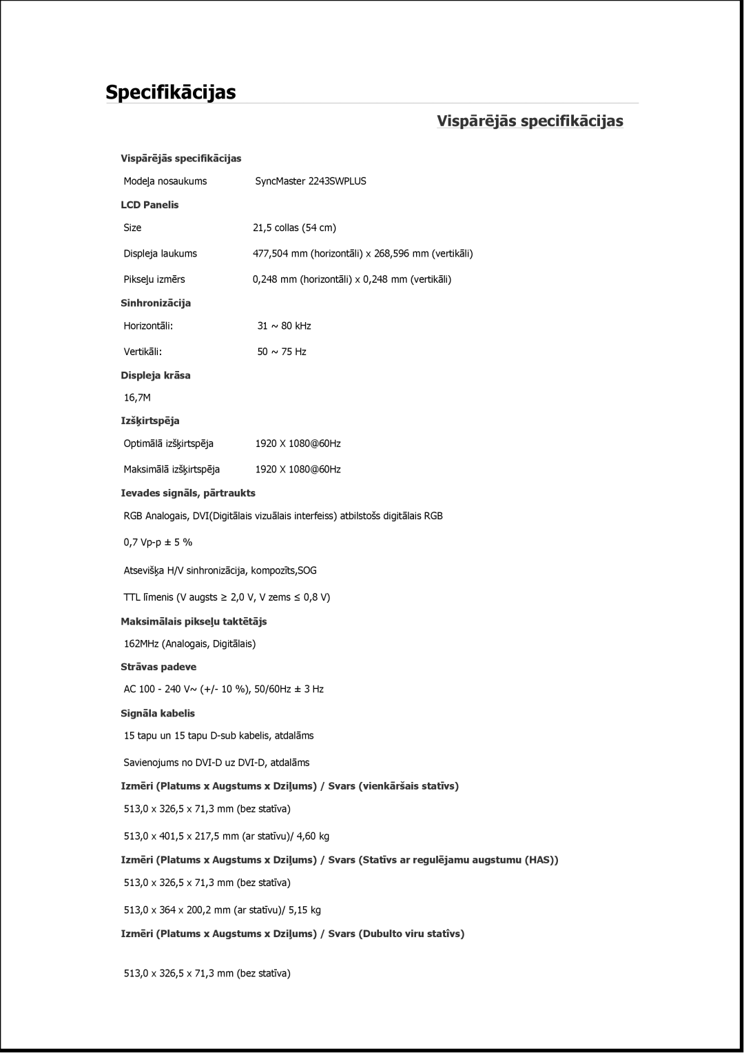 Samsung LS22MYKESQ/EDC, LS19MYAESB/EDC, LS19MYNKSB/EDC, LS17MYBESQ/EDC, LS19MYKEBQ/EDC Modeļa nosaukums SyncMaster 2243SWPLUS 