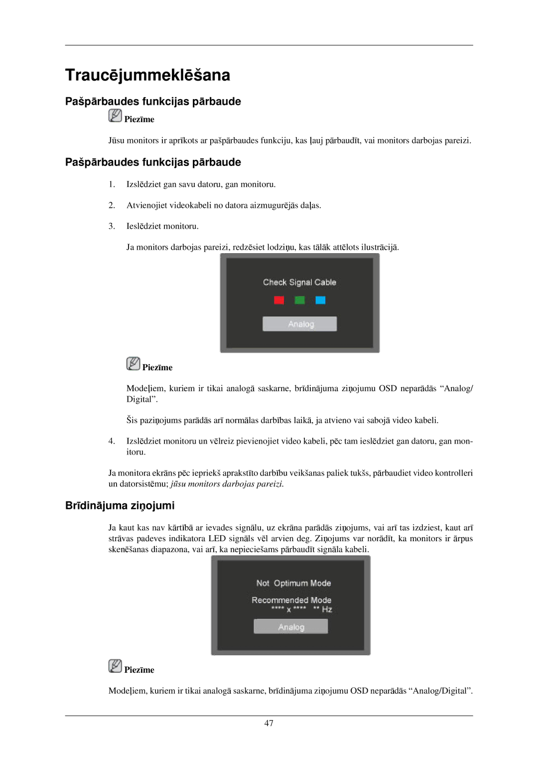 Samsung LS19MYAKBBA/EN, LS19MYAESB/EDC, LS19MYNKSB/EDC, LS17MYBESQ/EDC Pašpārbaudes funkcijas pārbaude, Brīdinājuma ziņojumi 