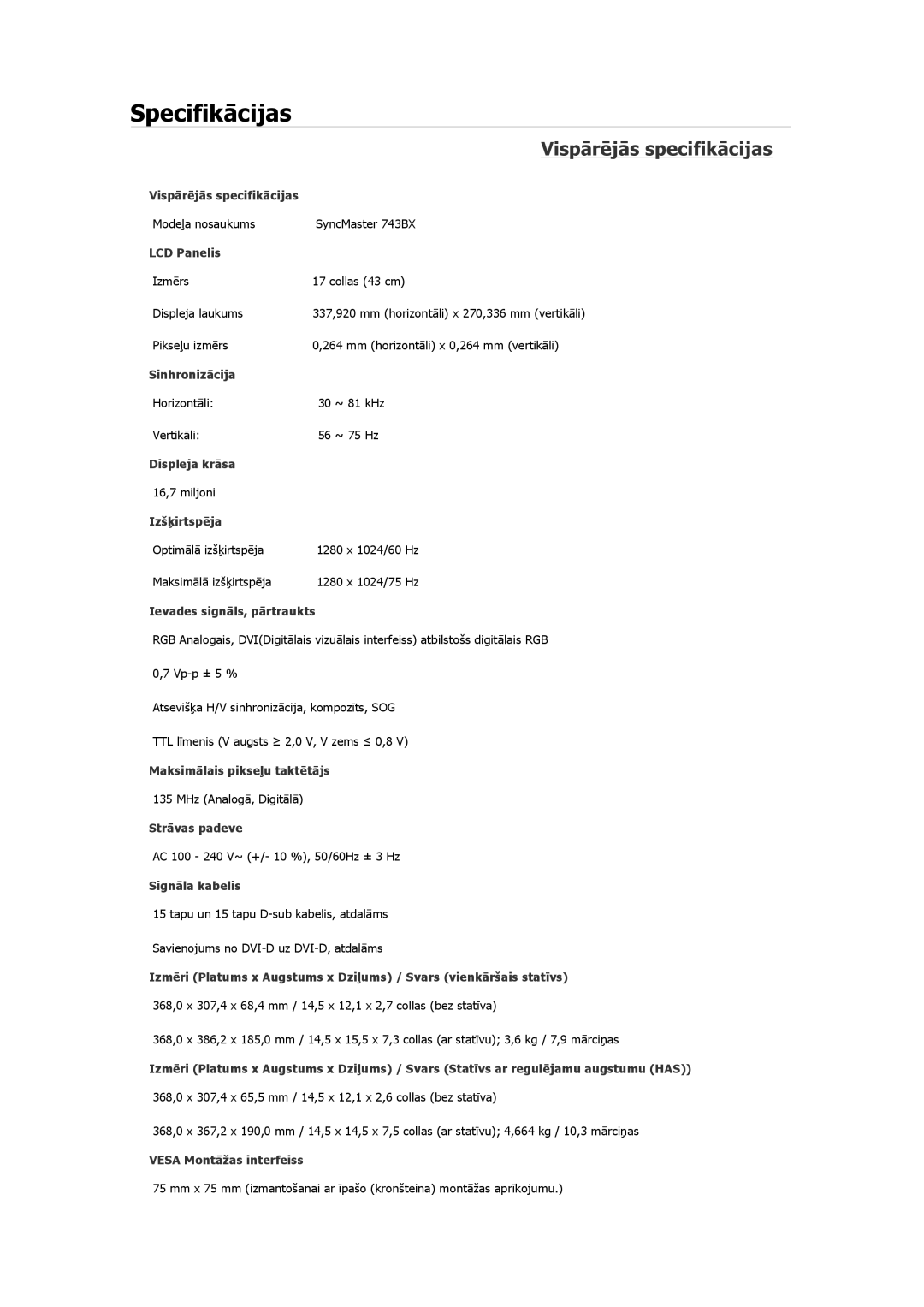 Samsung LS20MYKEBQ/EDC, LS19MYAESB/EDC, LS19MYNKSB/EDC, LS17MYBESQ/EDC, LS19MYKEBQ/EDC manual Modeļa nosaukums SyncMaster 743BX 