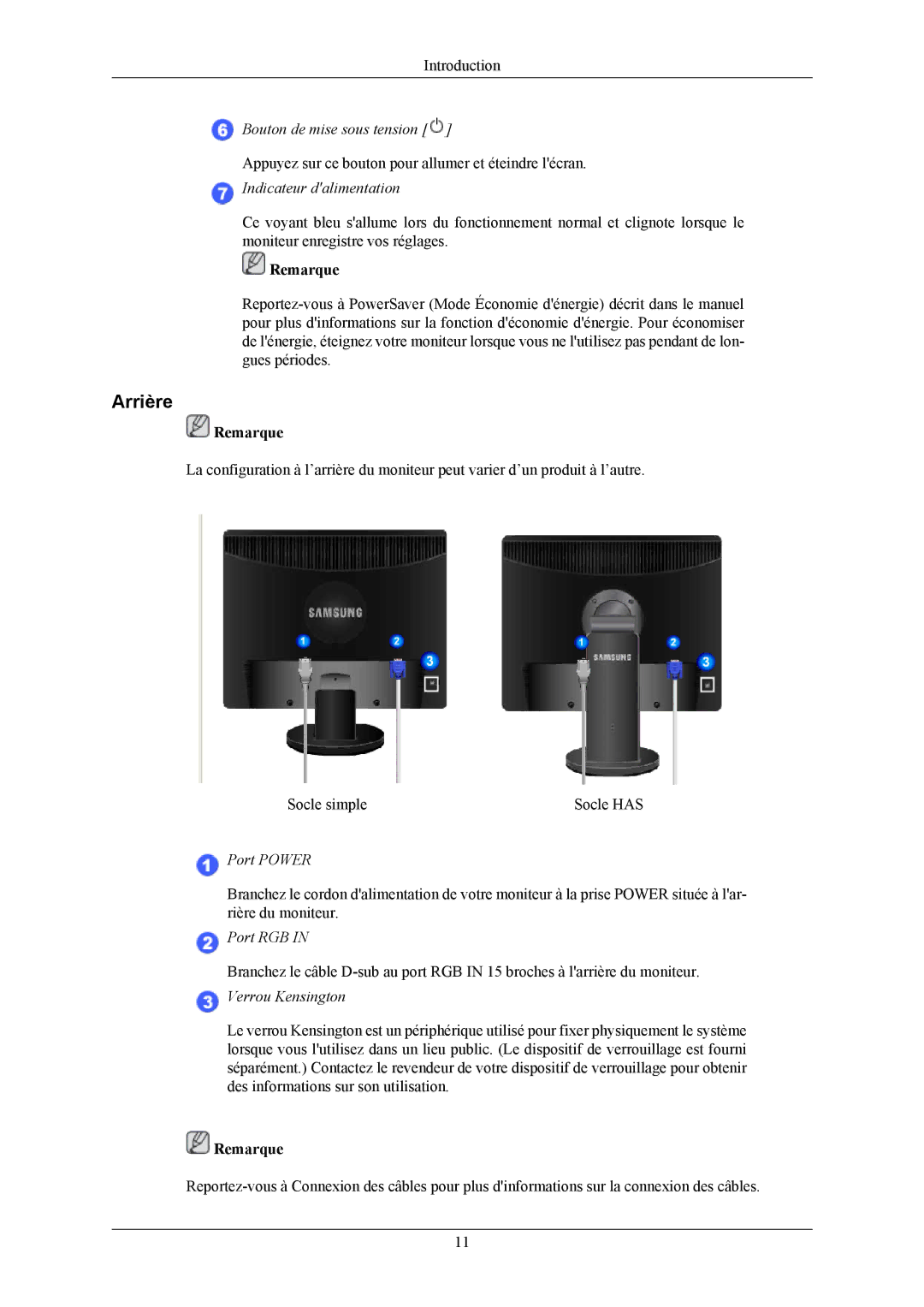 Samsung LS19MYAKBB/EDC, LS19MYAKBBA/EN, LS17MYAKBNA/EN, LS17MYAEB/EDC, LS19MYAKBBAUEN manual Arrière, Indicateur dalimentation 