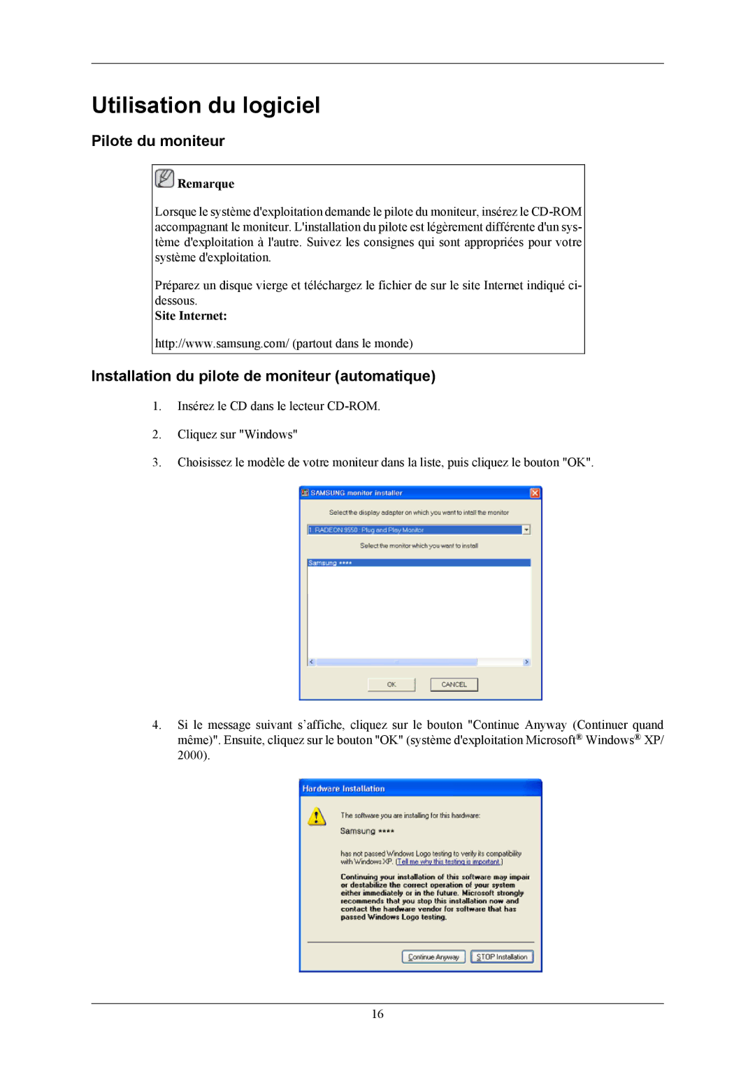 Samsung LS19MYAEBBA/EN manual Utilisation du logiciel, Pilote du moniteur, Installation du pilote de moniteur automatique 